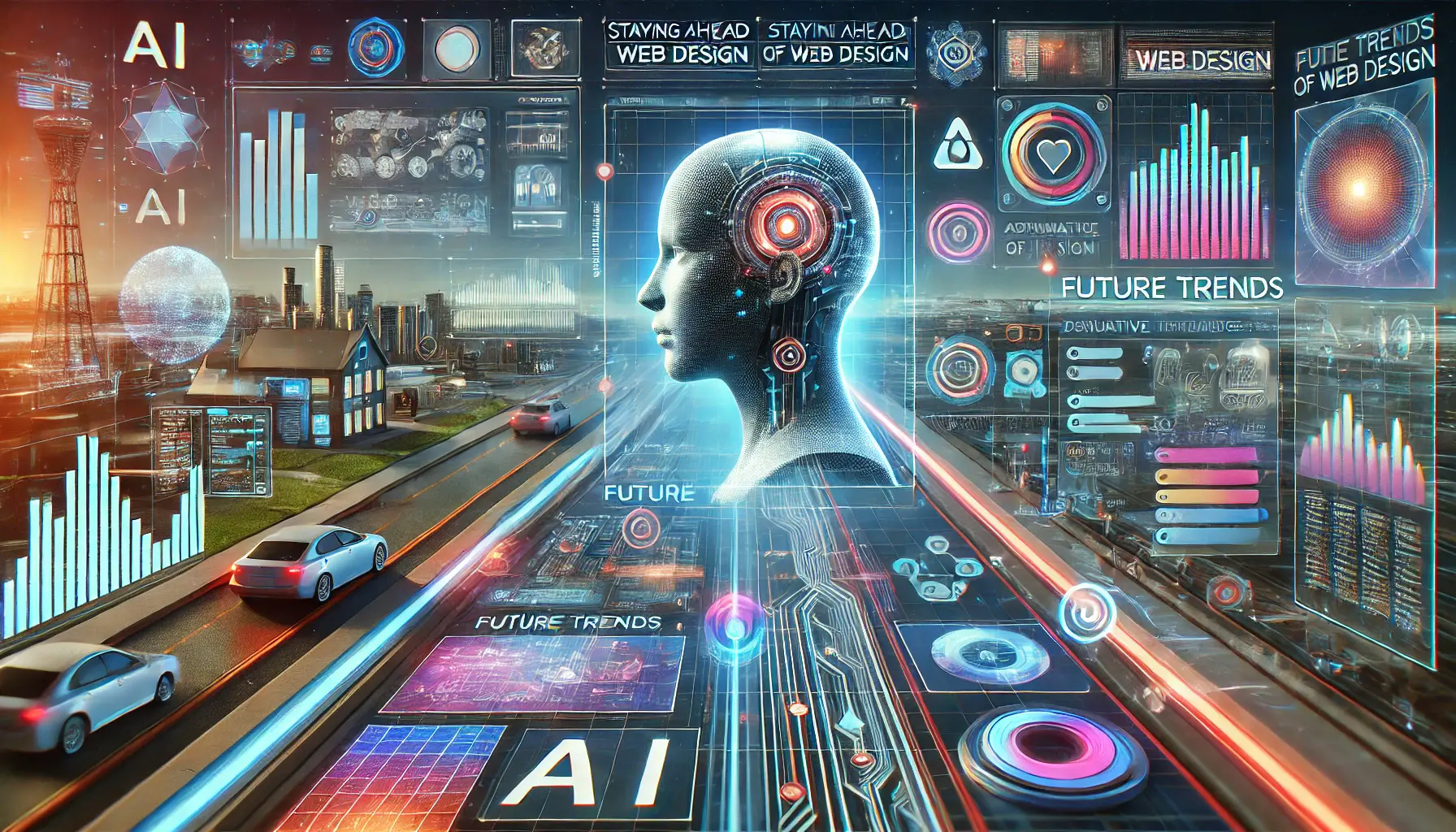 A futuristic scene showcasing AI-driven future trends in web design, with cutting-edge digital interfaces, holographic displays, and AI-powered tools.