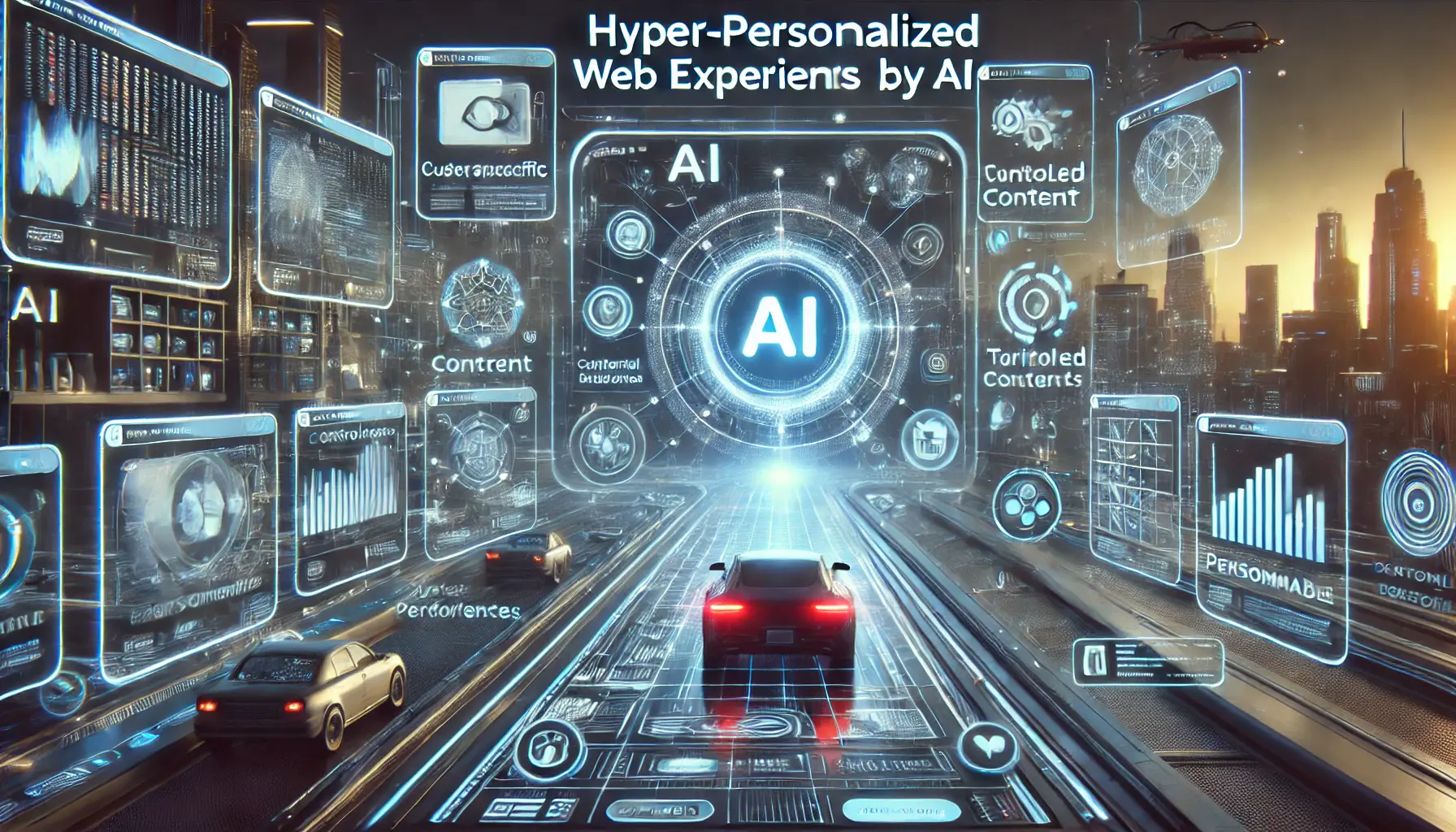 A futuristic web interface showcasing hyper-personalized experiences driven by AI, with customizable layouts, tailored content, and dynamic user interactions.