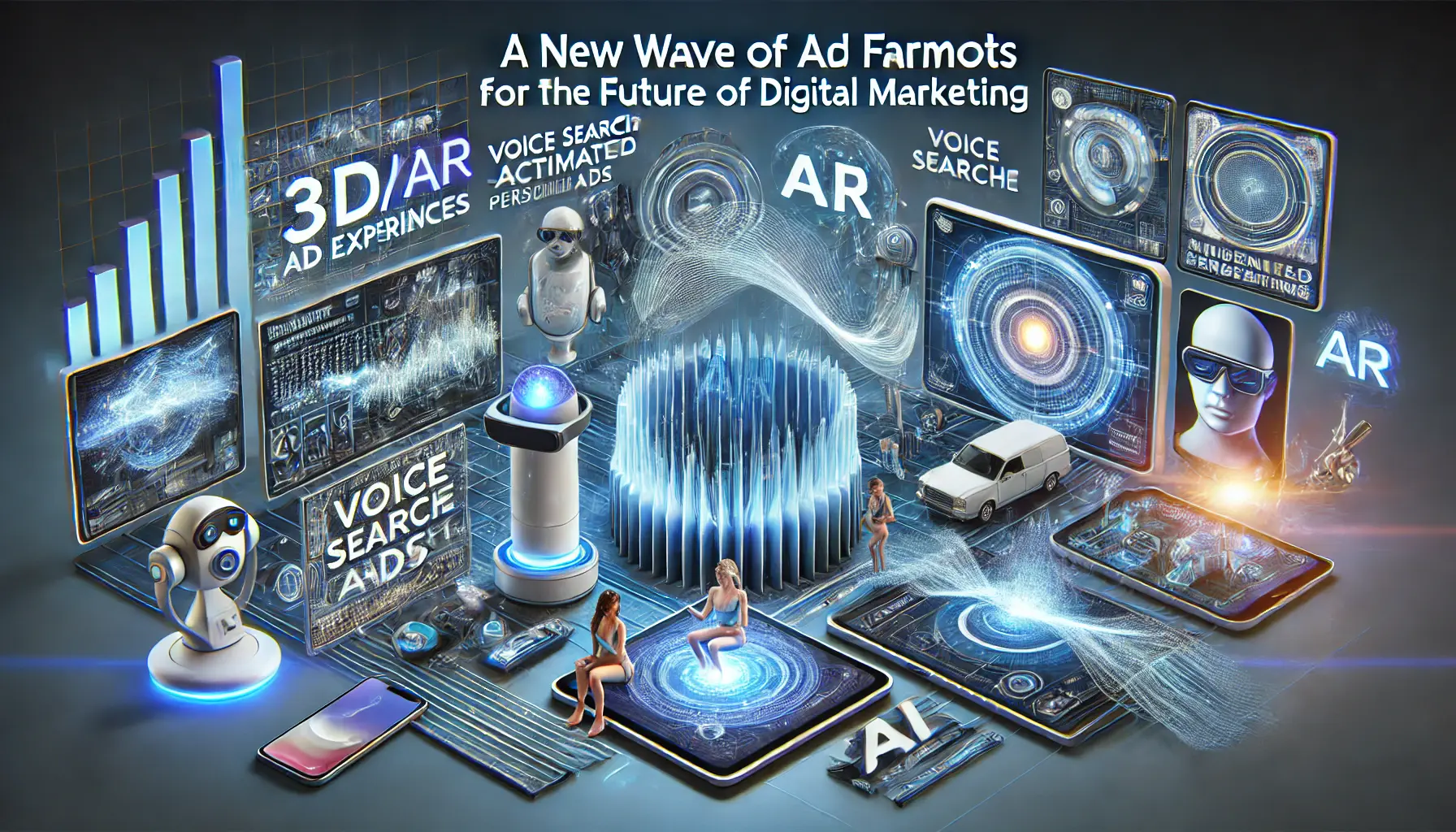 Depiction of futuristic ad formats including 3D/AR experiences, voice-activated ads, and AI-driven personalized content, with smart devices and immersive interfaces.