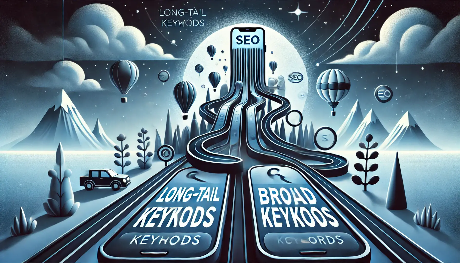 An image illustrating the contrast between long-tail and broad keywords in ASO, with a narrow, detailed path representing long-tail keywords and a wide, generalized road for broad keywords.