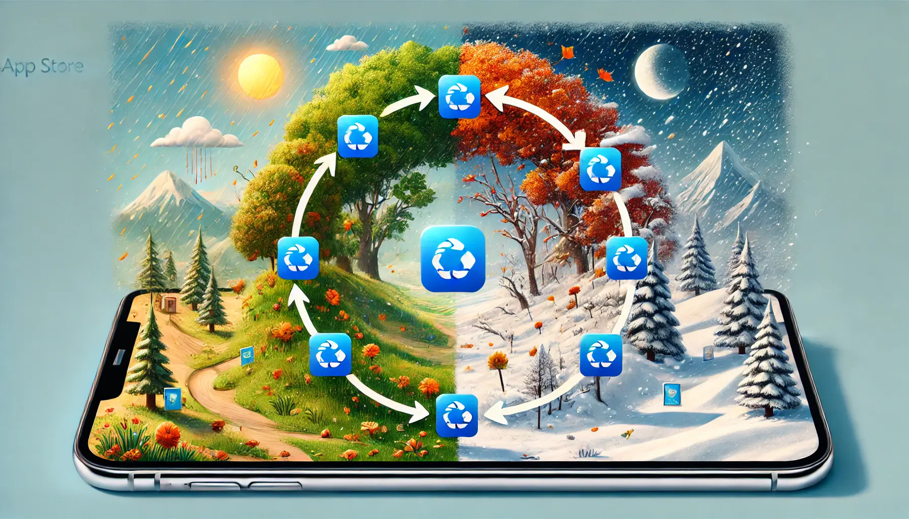 A scene showing app icons transitioning through different seasonal phases, symbolized by summer, autumn, winter, and spring elements.