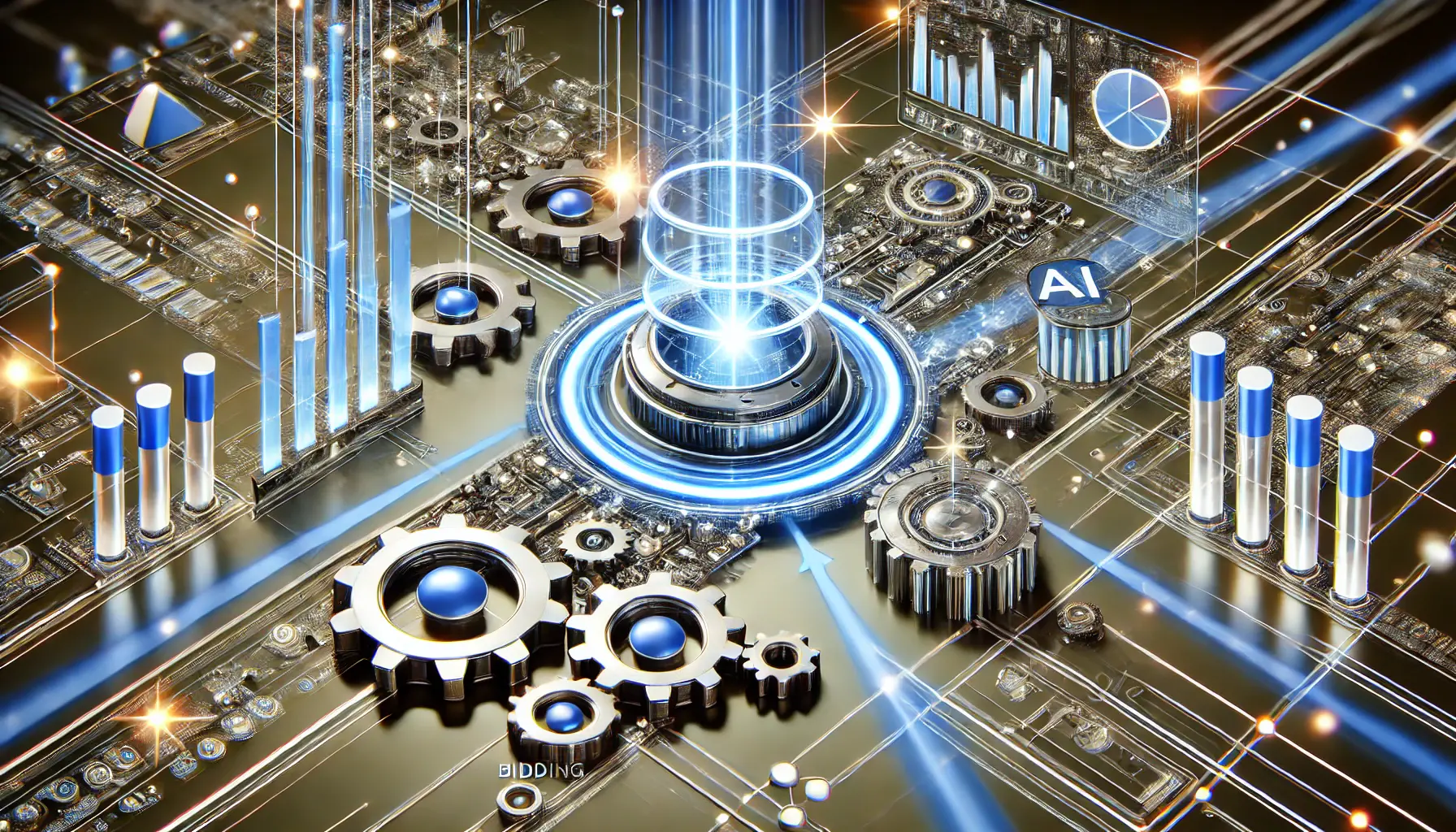 Abstract digital illustration showing automation in Google Ads, featuring interconnected gears, data streams, and AI algorithms managing ad campaigns in a futuristic digital environment.