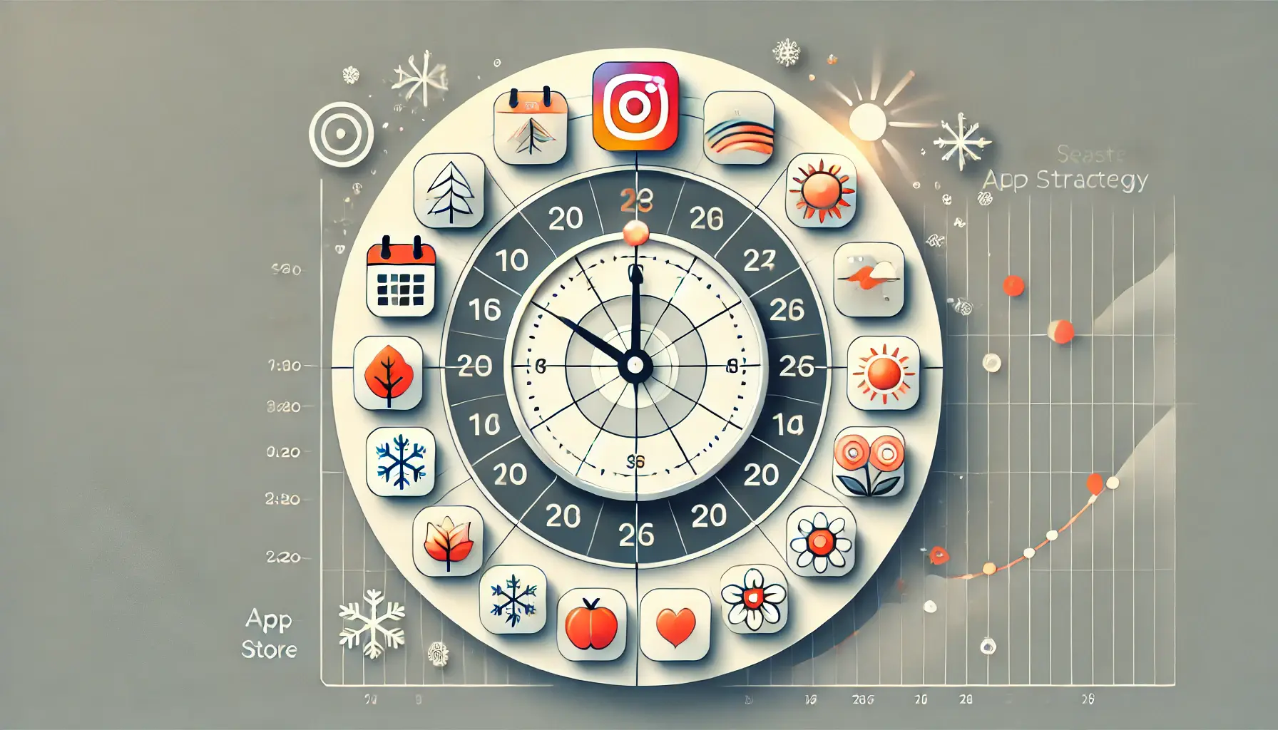 A digital clock or calendar integrated with app store elements, showing a timeline aligned with seasonal icons like snowflakes, leaves, flowers, and the sun.