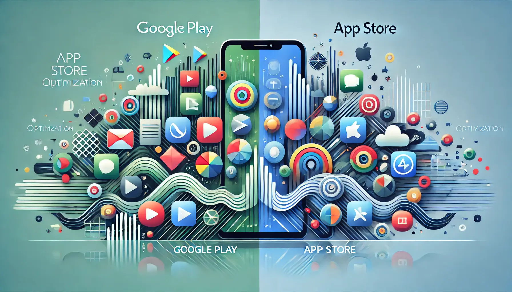 Abstract depiction of the contrast between Google Play and the App Store, emphasizing the importance of ASO.