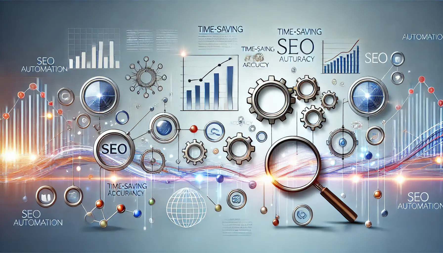 An image illustrating the importance of SEO automation with gears, data charts, and arrows symbolizing efficiency, accuracy, and time-saving.