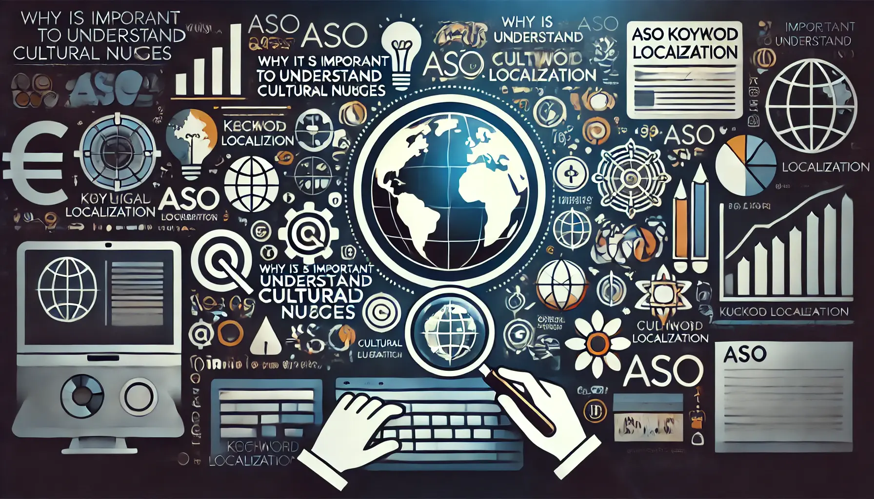 Globe or world map with different cultural symbols or icons representing various regions, emphasizing the significance of cultural understanding in ASO keyword localization.