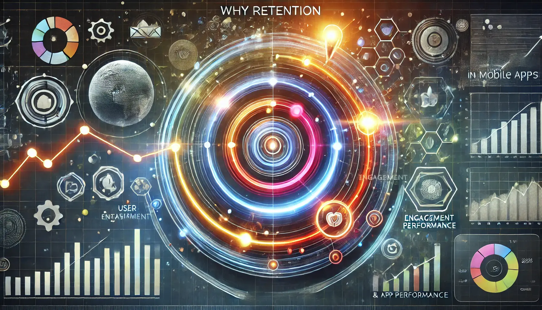 Abstract representation of user retention focusing on satisfaction, engagement, and app performance with circular patterns.