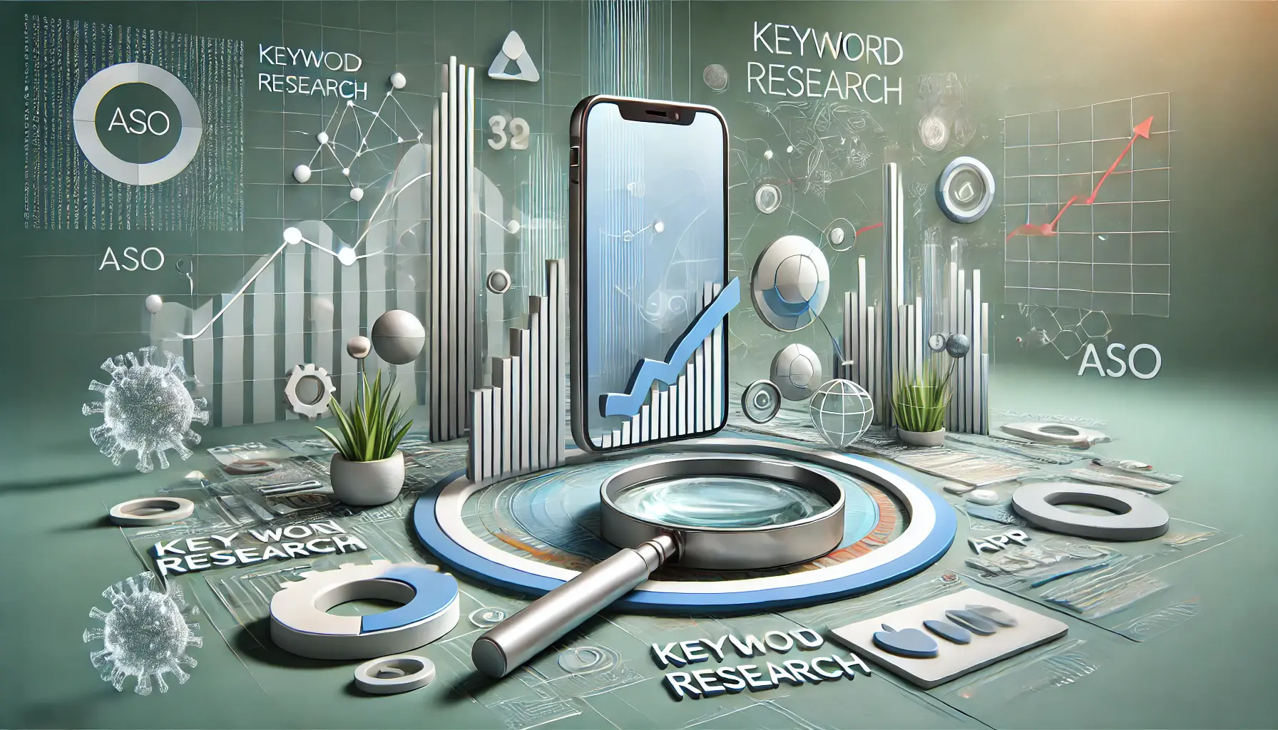 Abstract representation of the importance of keyword research for ASO, featuring a magnifying glass, data graphs, and a mobile device showing app store interface