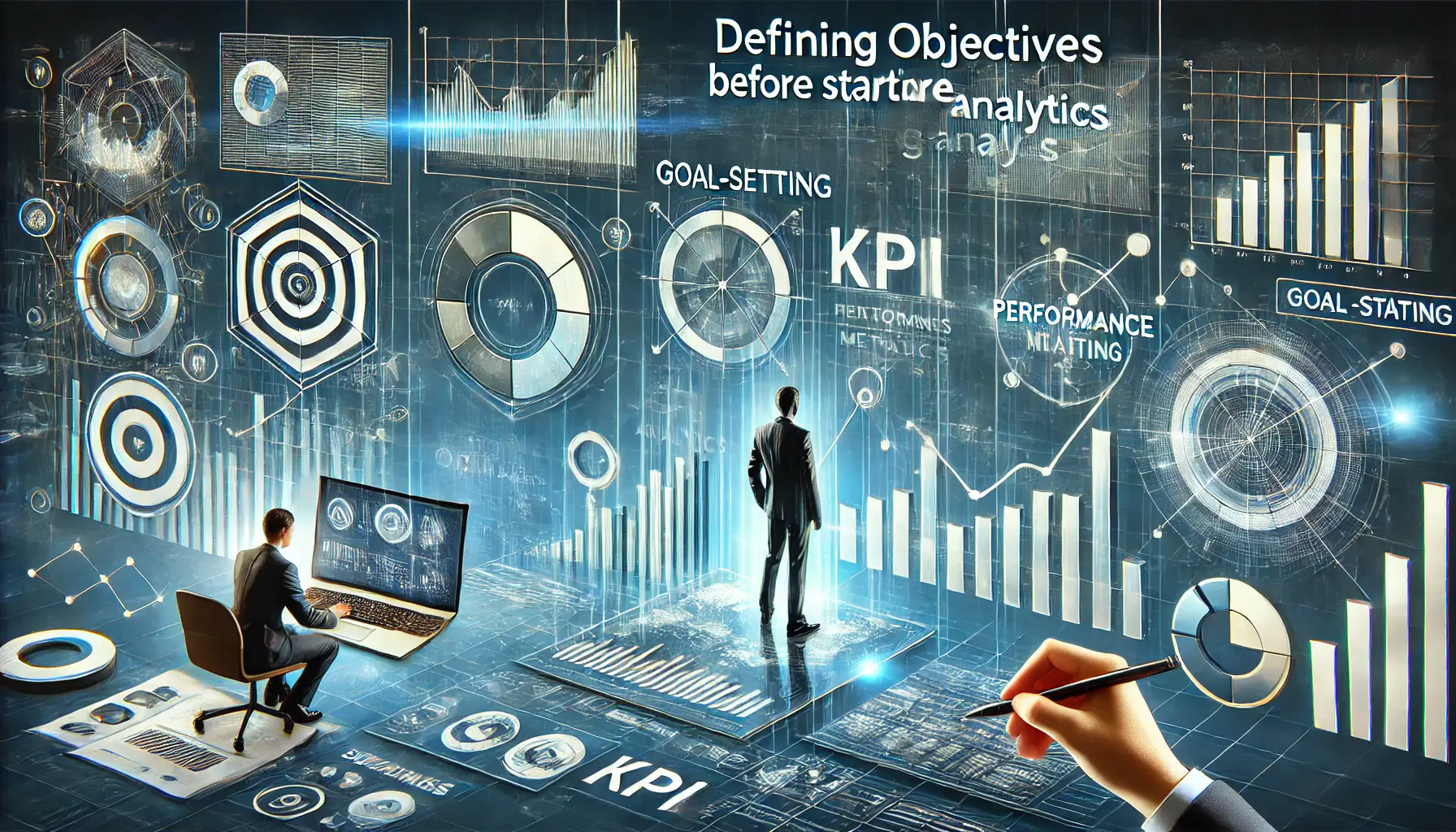 An illustration of defining objectives and KPIs before starting analytics, featuring goal-setting charts, performance metrics, and planning strategies.