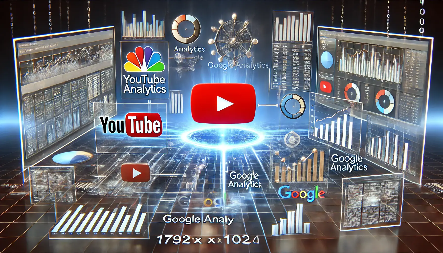 An illustration of integrating YouTube Analytics into Google Analytics, featuring interconnected data systems, performance graphs, and dashboards.