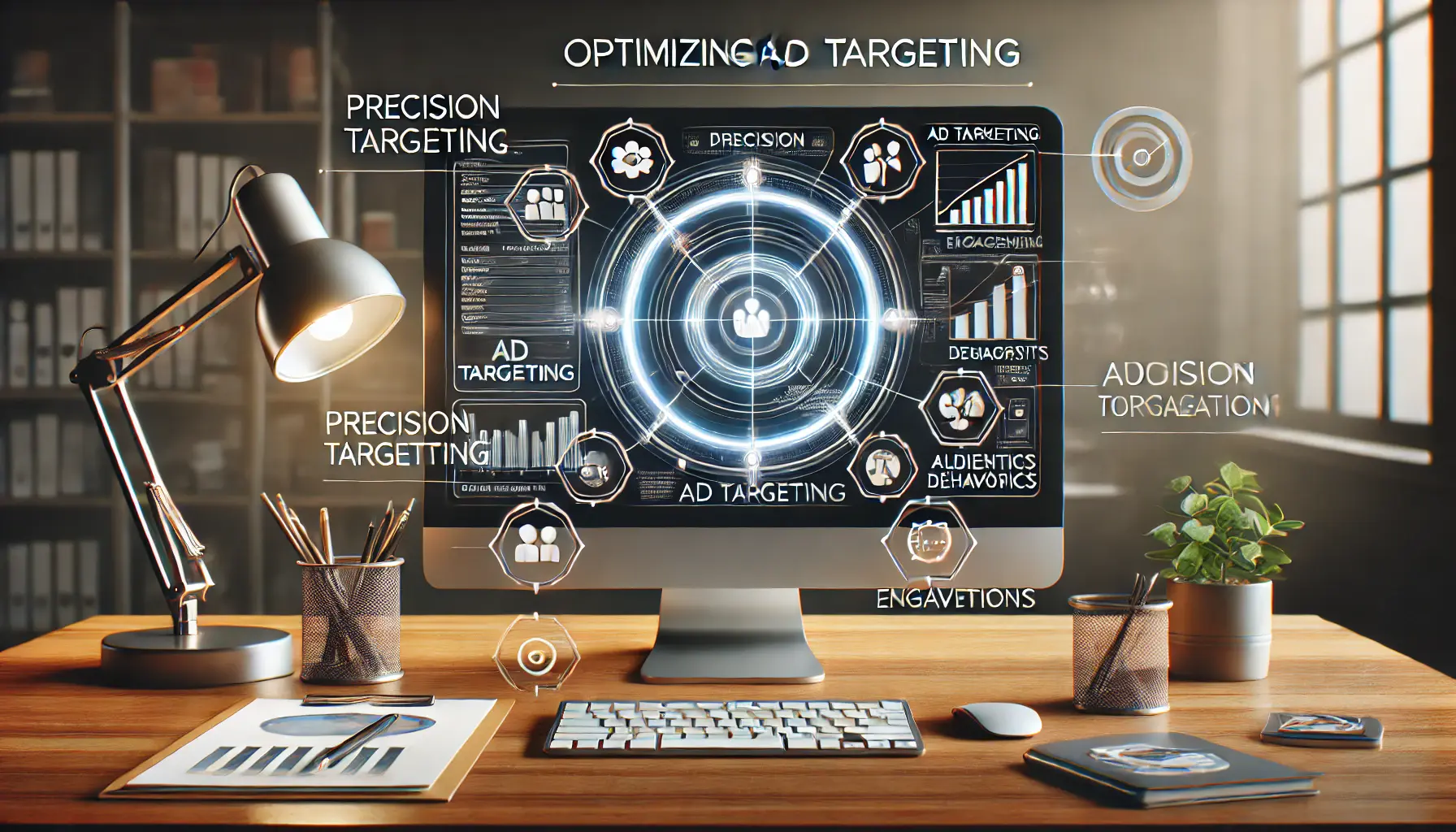 Workspace with a computer displaying an ad platform interface focused on targeting settings, surrounded by icons representing engagement and audience demographics.