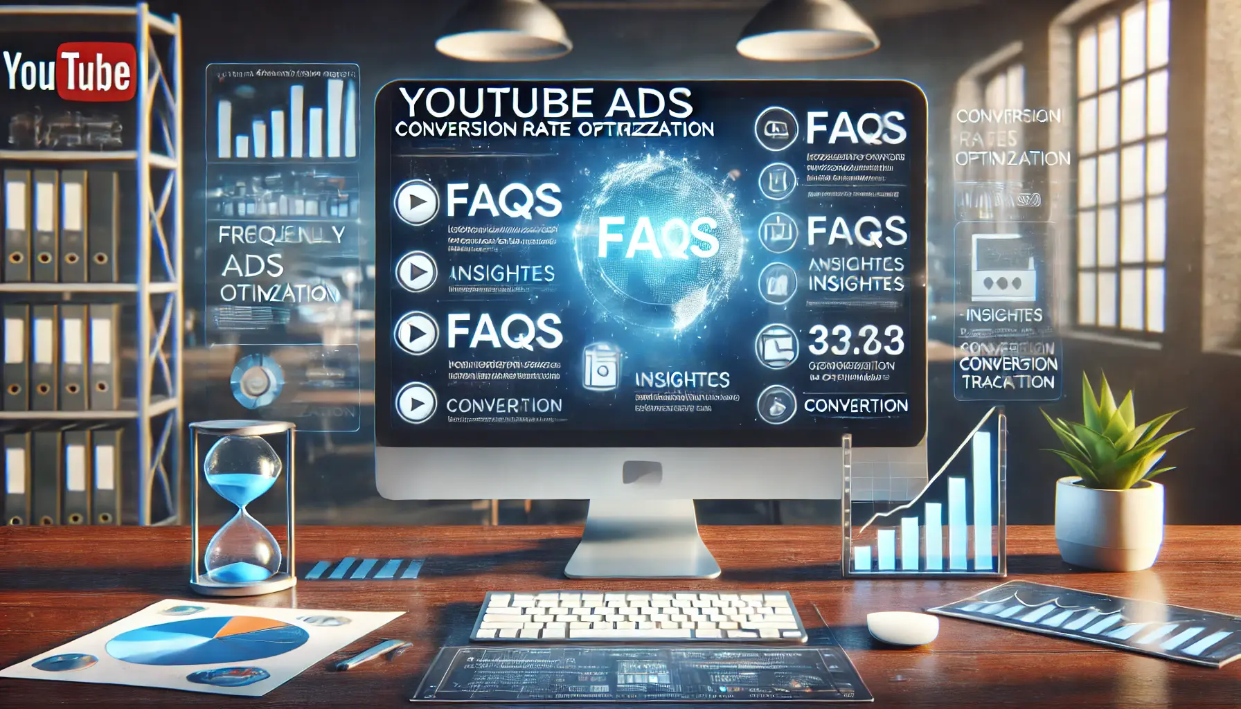 Workspace with a computer displaying a dashboard of FAQs, analytics, and conversion metrics, surrounded by icons for questions and insights.