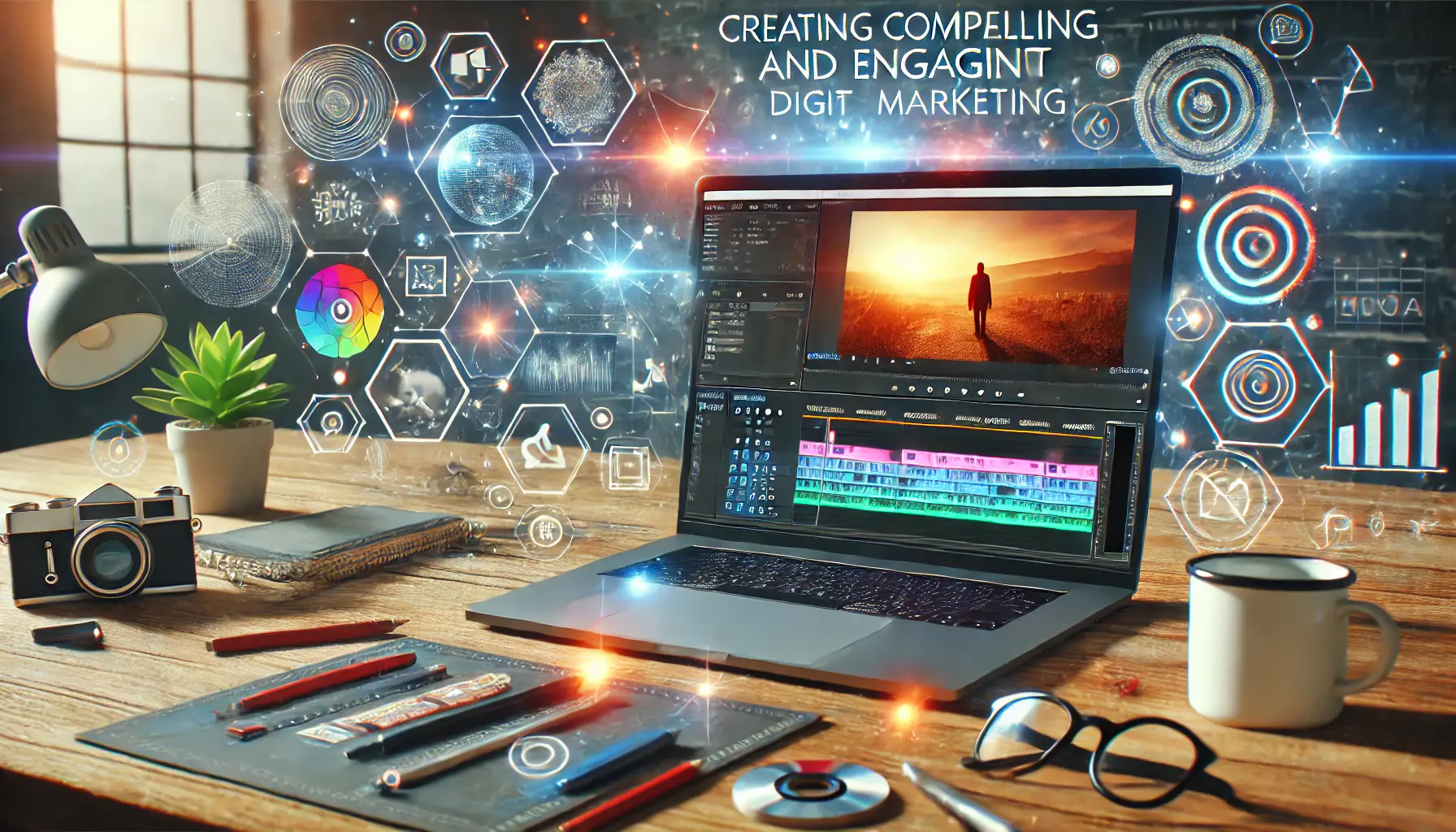 Workspace with a laptop displaying video editing software with an engaging scene on the timeline, surrounded by icons representing creativity and viewer interaction.