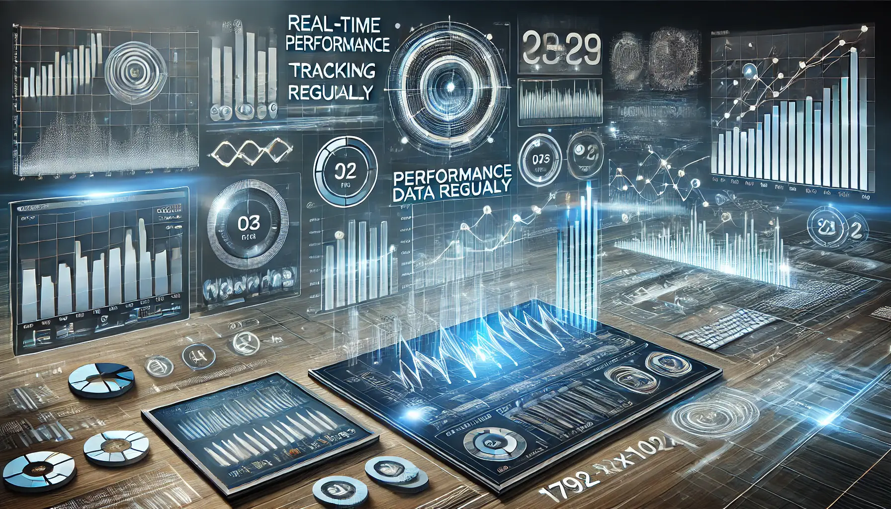 An illustration of tracking performance data regularly, featuring real-time tracking graphs, dynamic charts, and data streams.