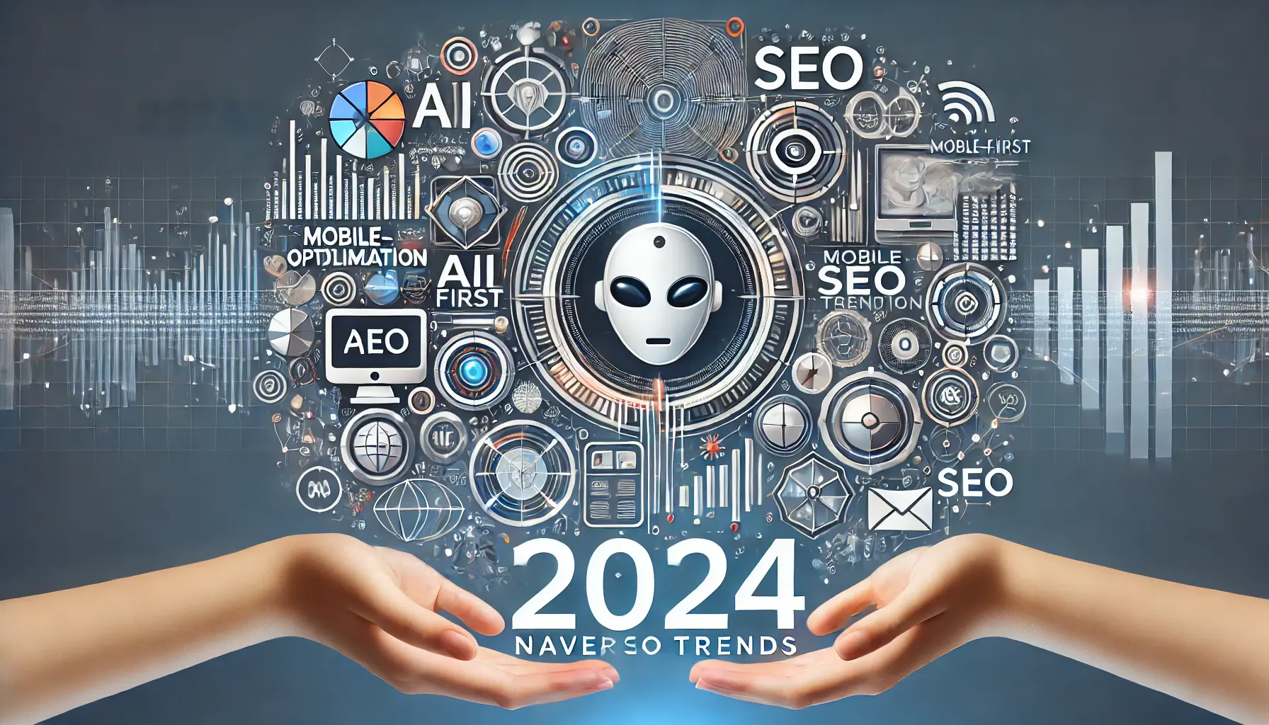 An abstract representation of 2024 Naver SEO trends, featuring elements like AI, mobile devices, and digital connectivity symbolizing future SEO strategies.