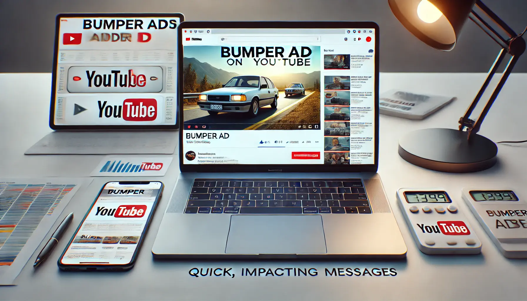 Laptop screen displaying a YouTube bumper ad playing in a digital marketing workspace with additional devices showing campaign insights.