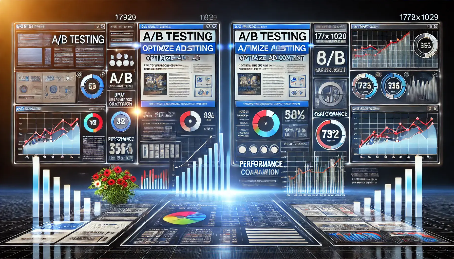 An illustration of A/B testing to optimize ad content, featuring two ad versions being compared with data metrics and performance tracking.