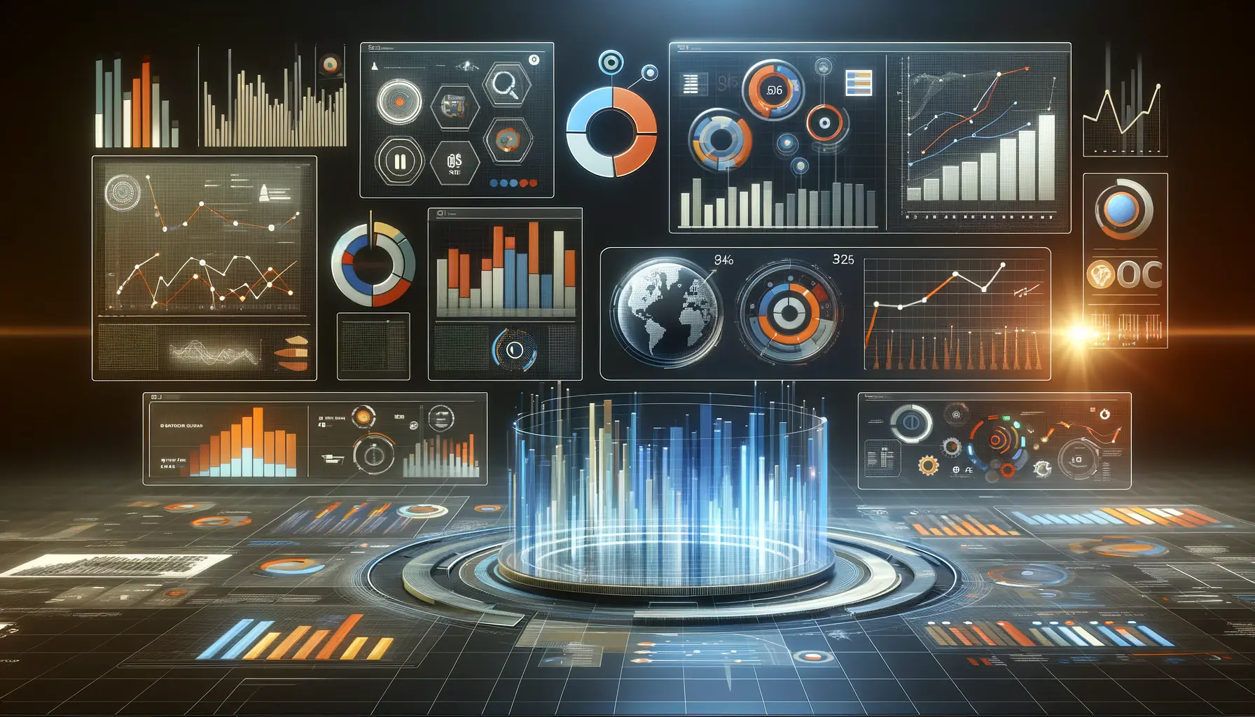 An illustration of implementing data visualization tools for effective reporting, featuring various charts, graphs, and dashboards displaying performance metrics.