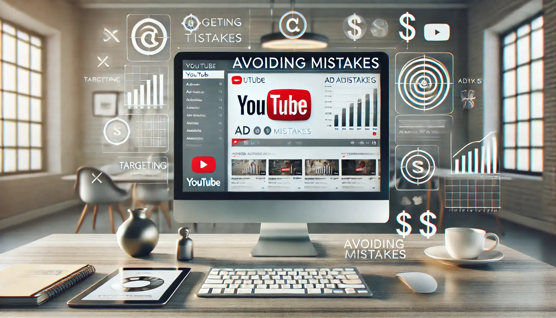 Close-up of a computer screen with YouTube ad analytics in a minimalistic workspace, representing digital marketing and optimization.