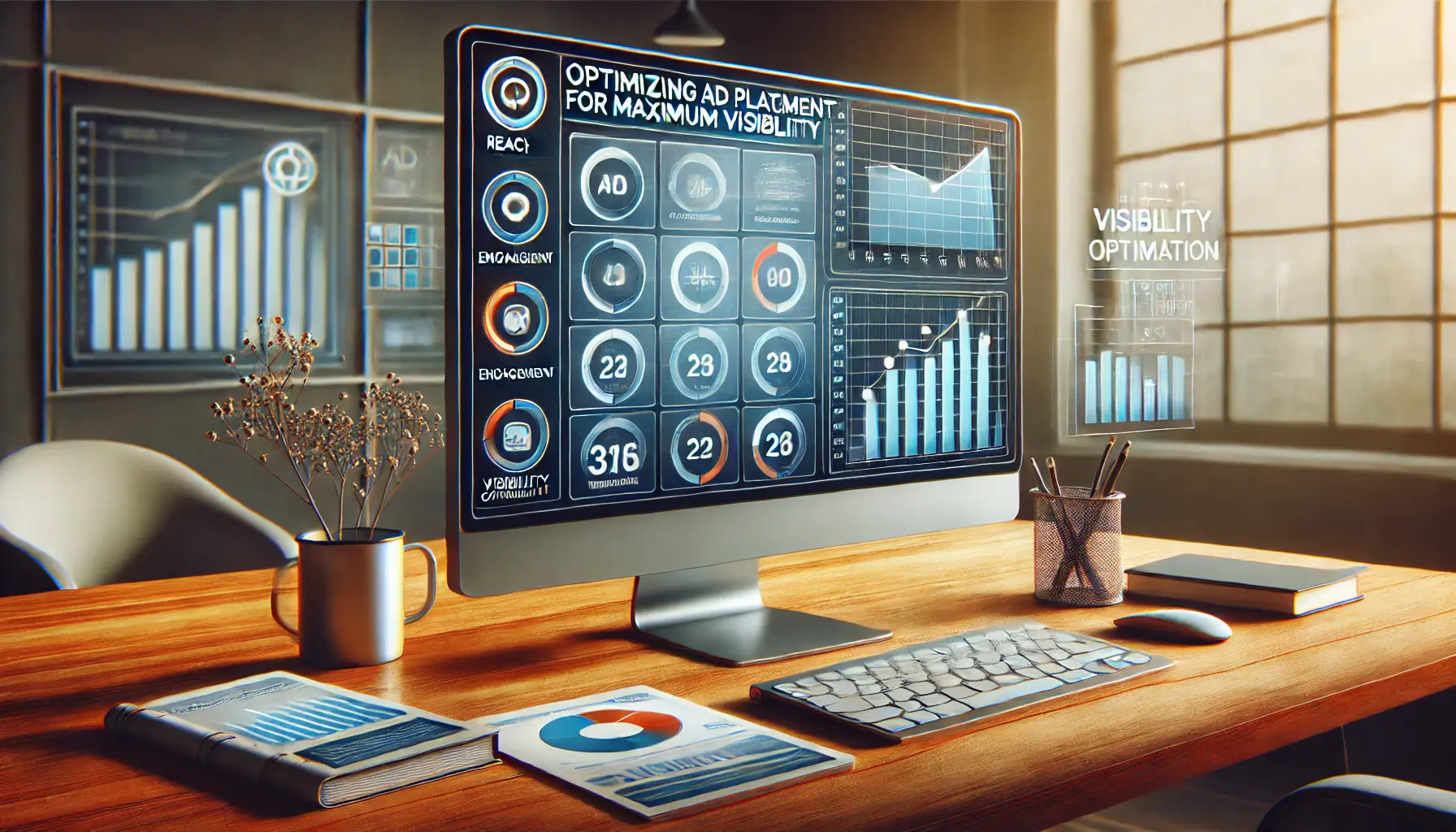 Workspace with a large computer monitor displaying an ad analytics platform highlighting ad placement options with visibility metrics, surrounded by icons for reach and engagement.