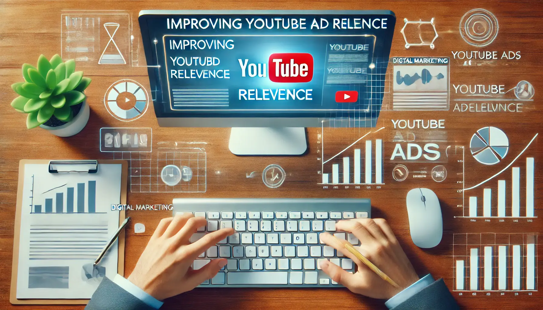 Computer screen displaying YouTube ads with hands on a keyboard, suggesting ad optimization and analysis