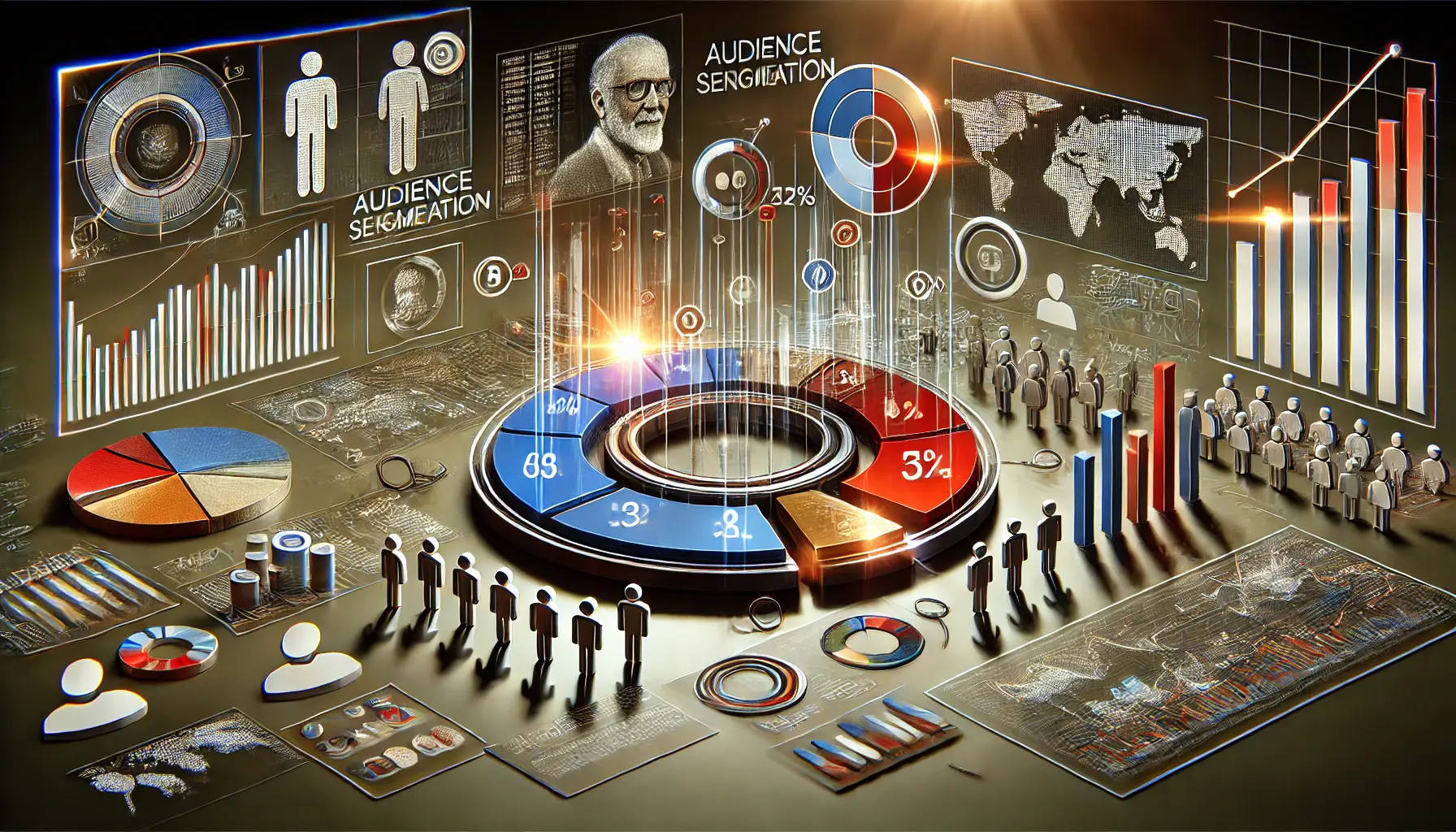 An illustration of audience segmentation for targeted campaigns, featuring demographic data, segmented groups, and advertising strategies.