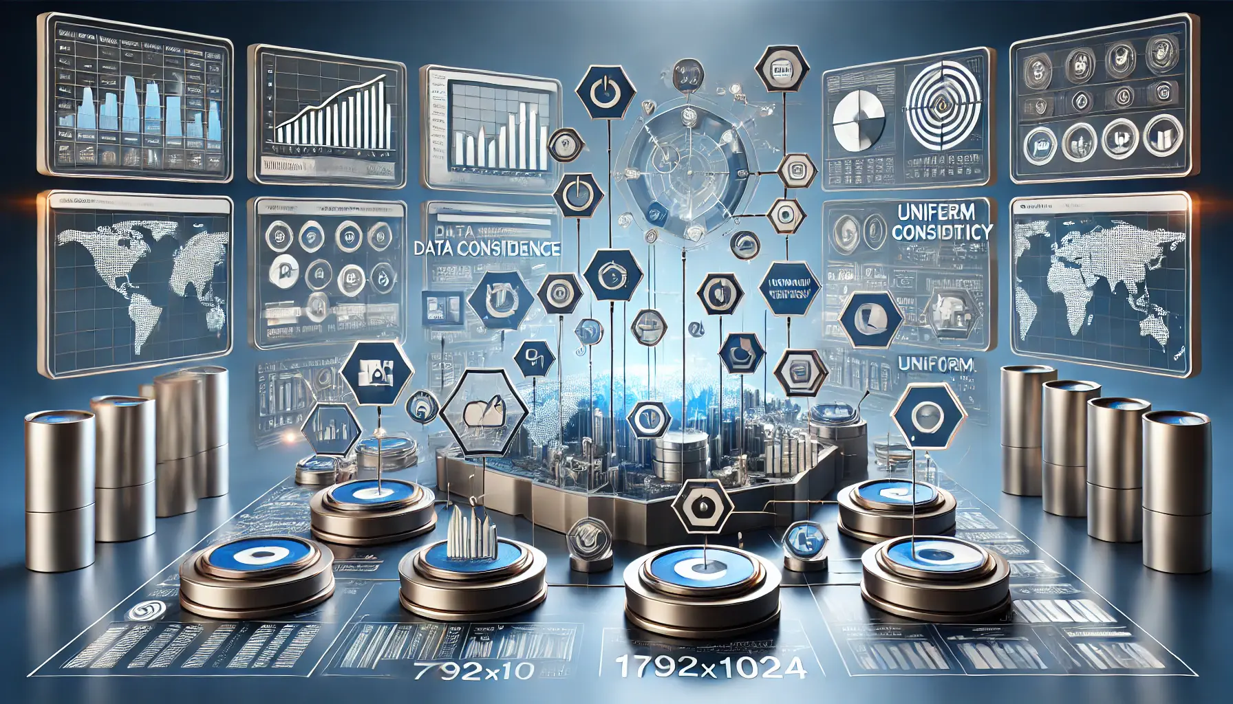 An illustration of ensuring data consistency across platforms, featuring interconnected data sources, synchronized dashboards, and uniform data flows.