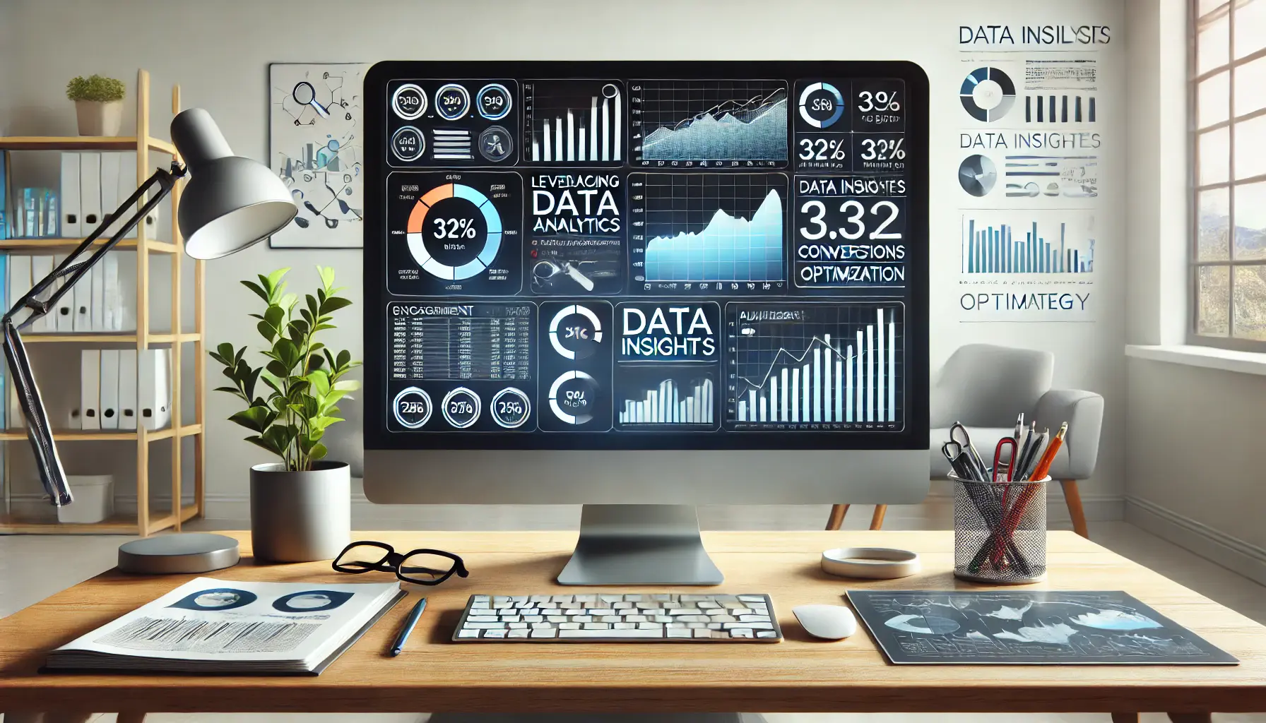 Workspace with a computer monitor displaying data analytics dashboards with metrics like engagement and conversions, surrounded by icons for data insights and analysis.