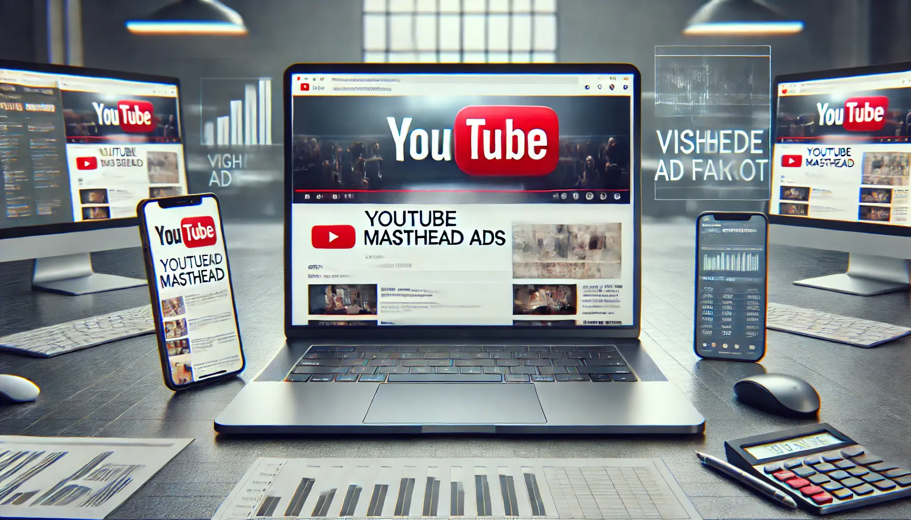 Laptop screen displaying a prominent Masthead ad on YouTube's homepage in a digital marketing workspace with campaign data on other devices.