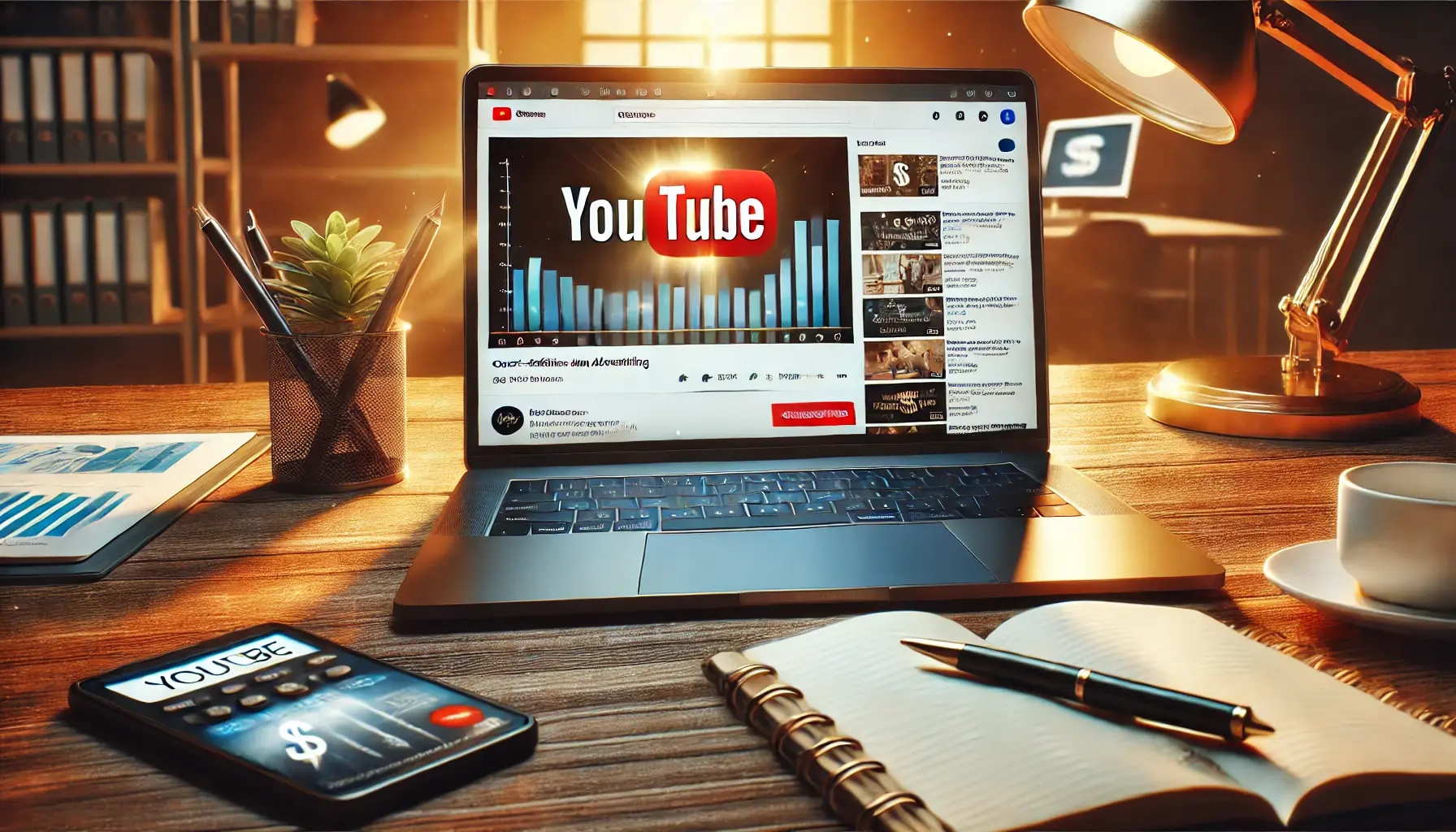 A realistic image of a business environment with a laptop displaying a YouTube ad overlay, symbolizing cost-effective digital advertising.