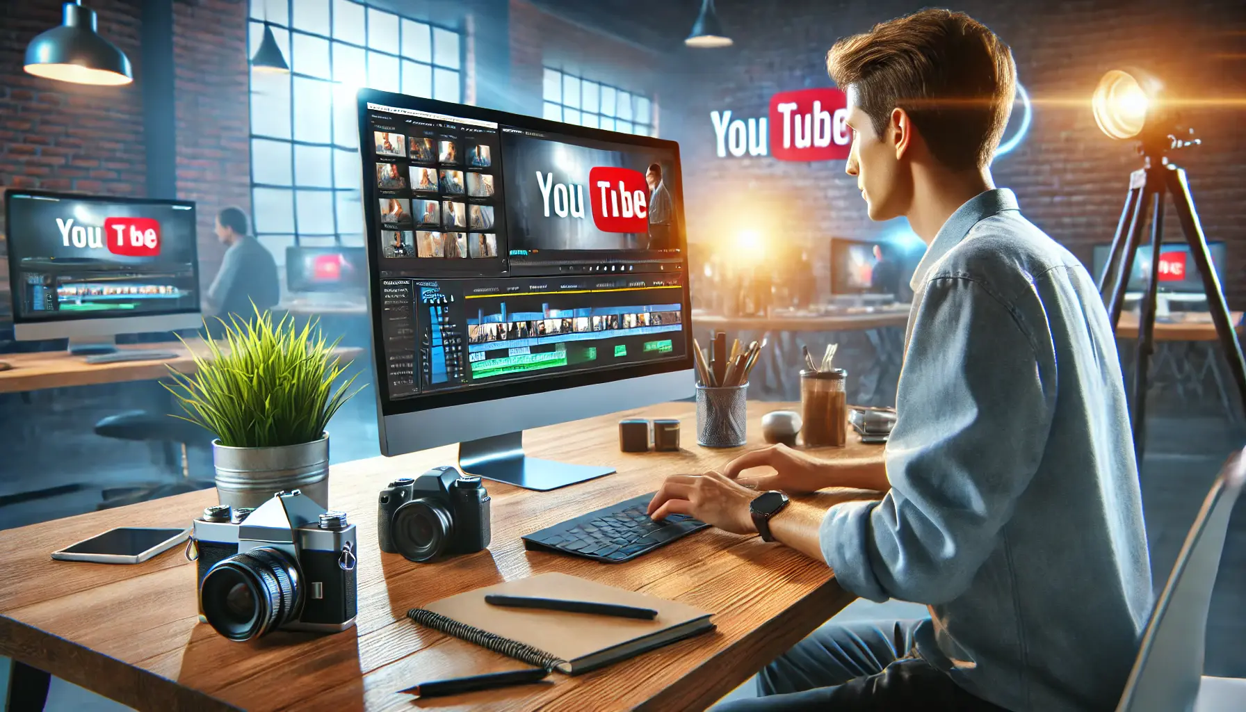 Young marketer working on video editing for YouTube in a modern workspace.