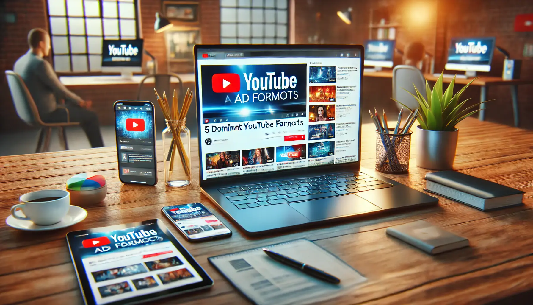 A laptop screen displaying YouTube's interface with various ad formats, set in a modern workspace with additional tech devices.