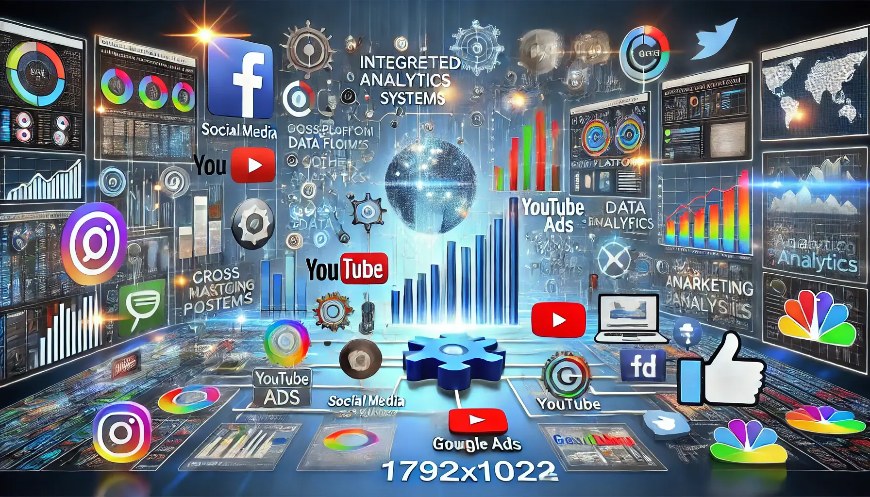 An illustration of integrating analytics with other marketing platforms, featuring interconnected data systems, cross-platform flow, and unified dashboards.