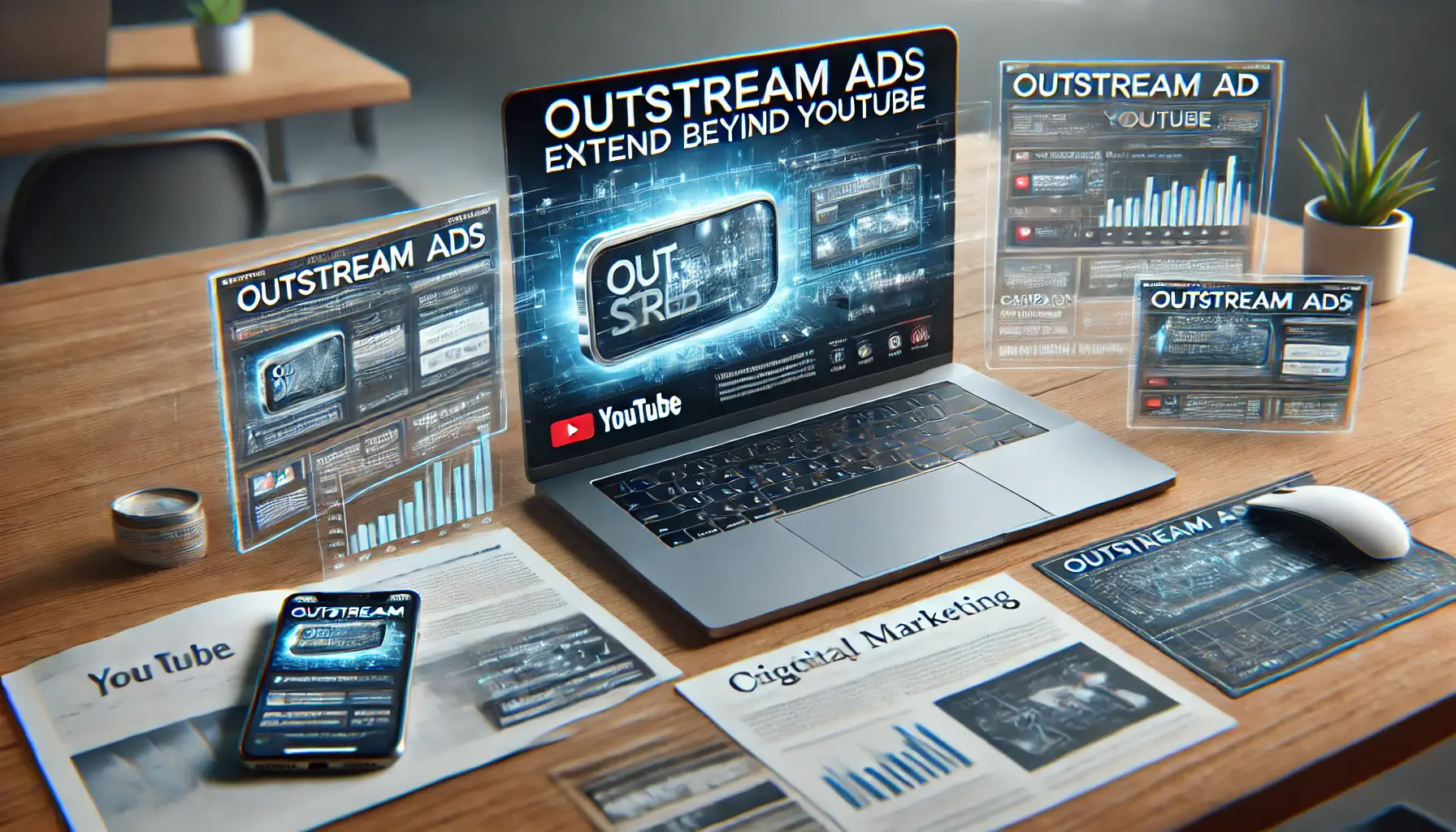 Laptop screen displaying an Outstream ad embedded in a news article, with additional devices showing campaign data in a digital marketing workspace.