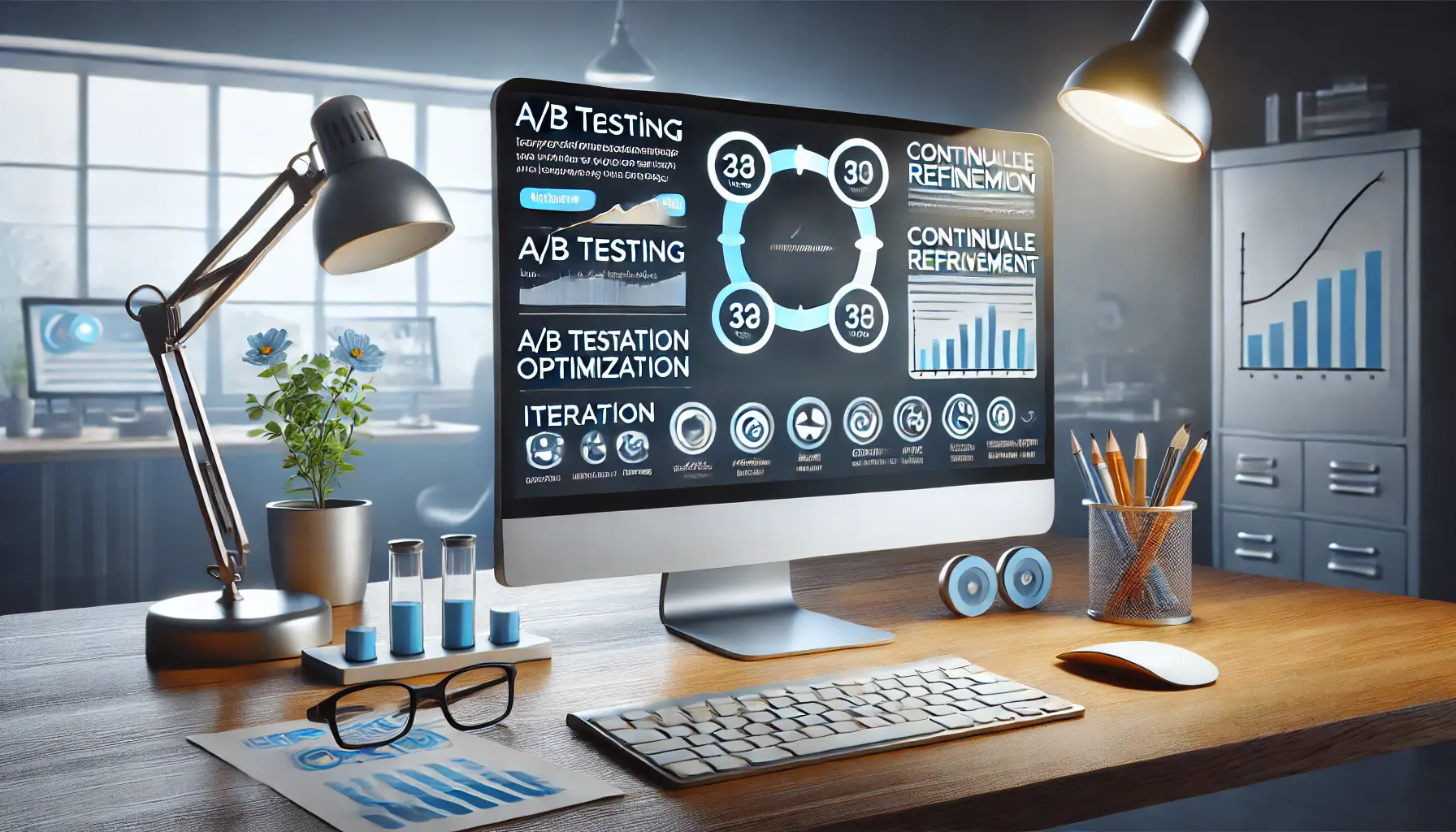 Workspace with a computer displaying an A/B testing dashboard showing test results and performance metrics, surrounded by icons for iteration and optimization.