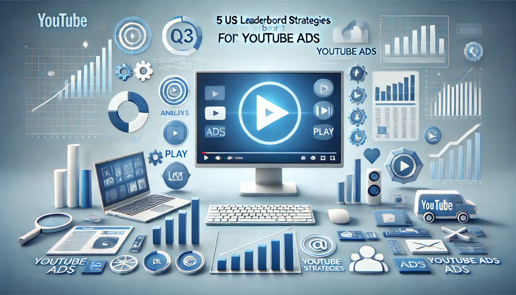 Featured image showing a digital marketing scene with video ads and analytics icons for an article on YouTube Ads strategies