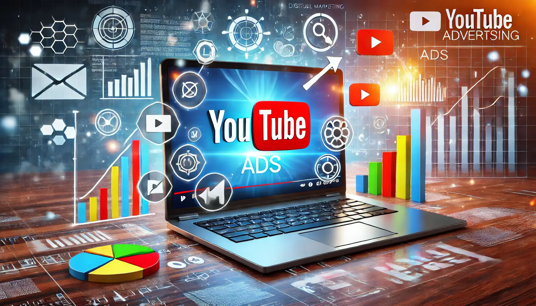 Laptop screen displaying YouTube ads with digital marketing icons and charts floating, representing YouTube ad analytics.