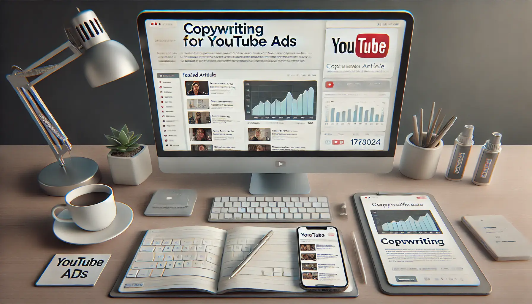 A modern workspace with a computer screen showing YouTube ad analytics, a notebook, smartphone, and coffee cup, representing a YouTube ad copywriting setup.