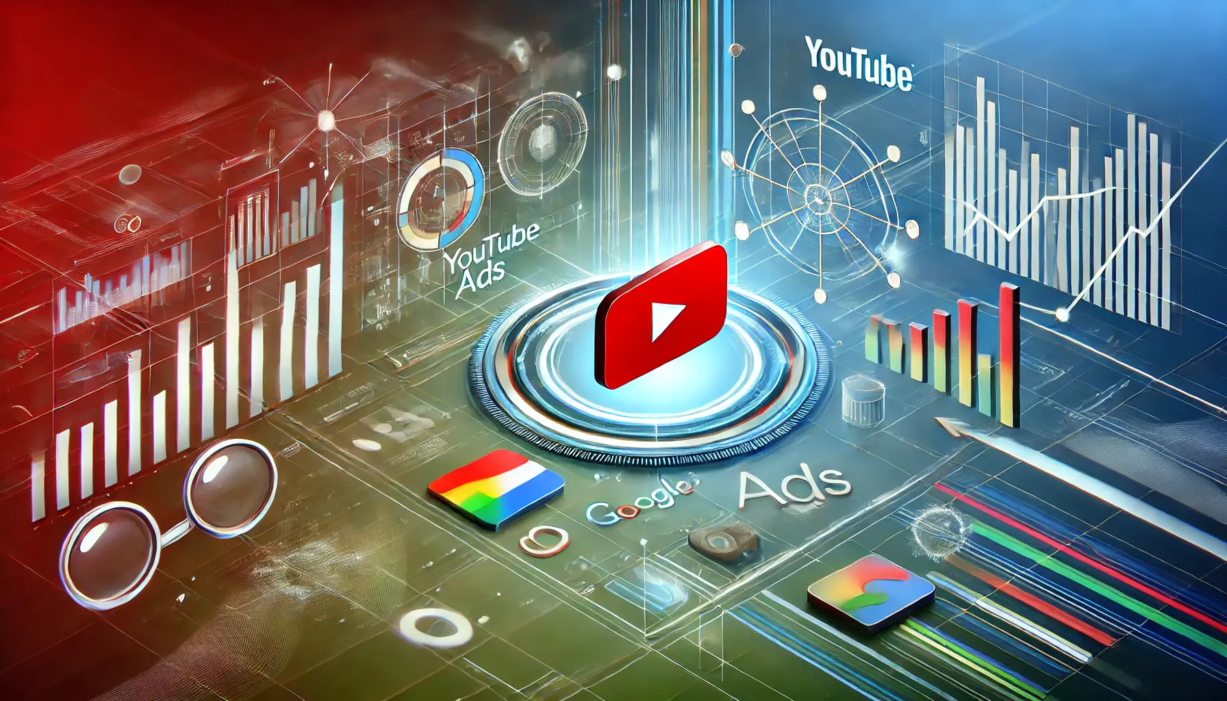 A modern, sleek representation of digital marketing analytics for YouTube Ads, featuring abstract visuals like graphs, charts, and trend lines with YouTube and Google Ads color accents.