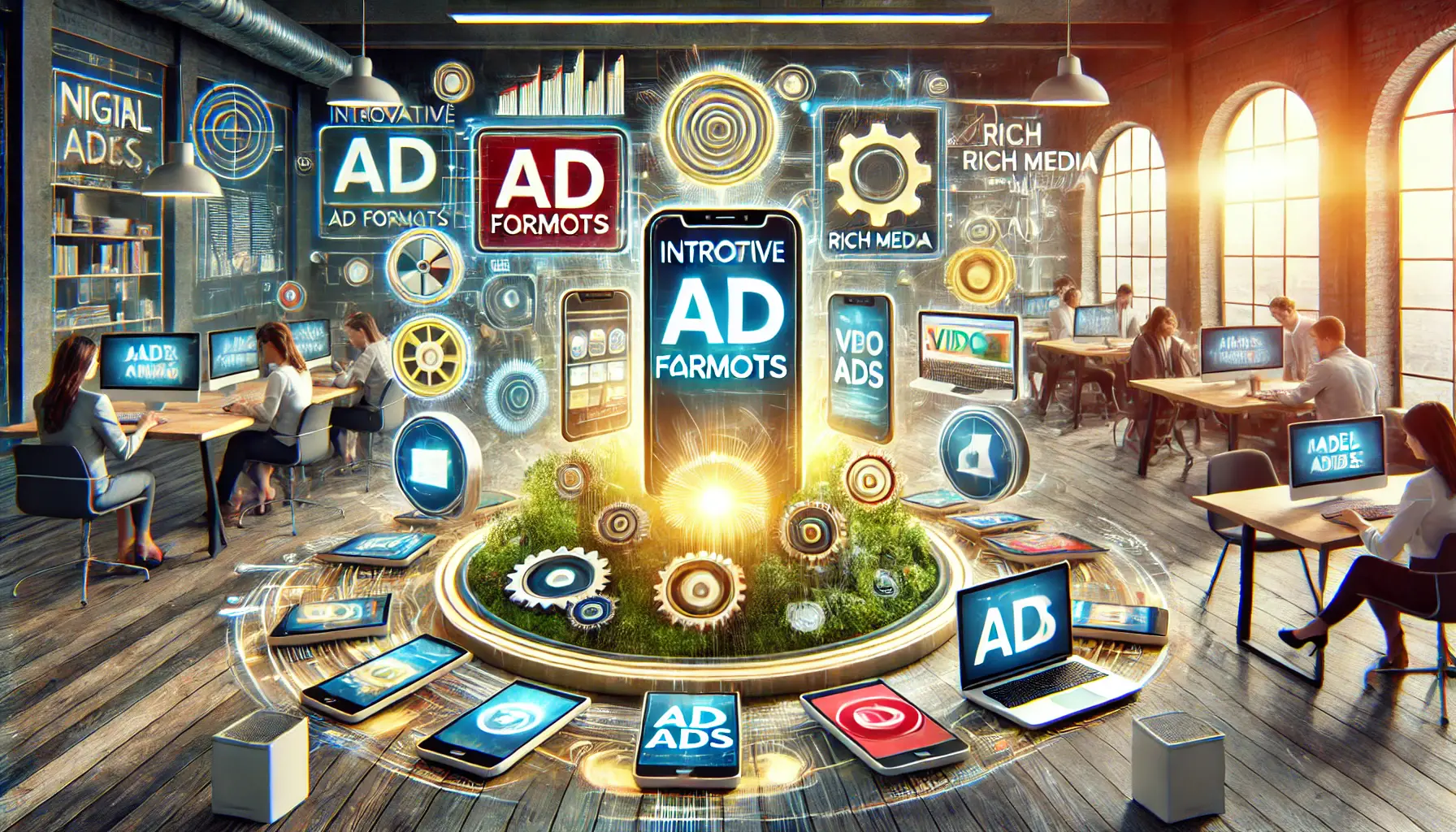 A representation of new ad formats like carousel and video ads displayed on digital devices.