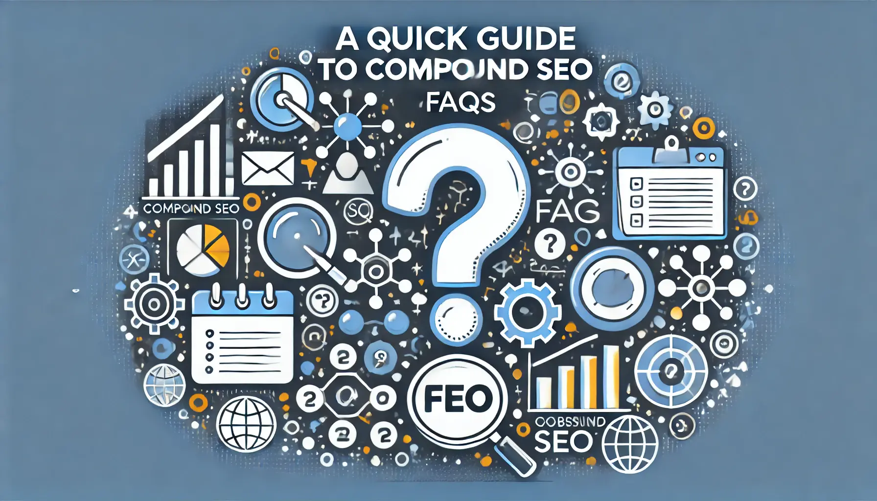 An illustration representing guidance and clarity with a question mark surrounded by SEO elements like graphs and website traffic.