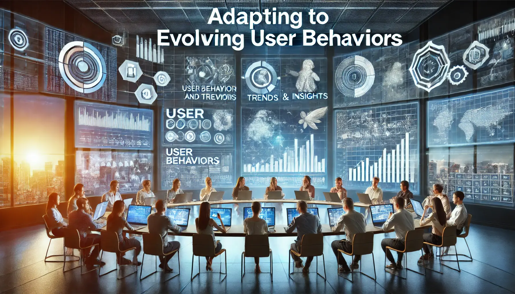 A representation of marketing professionals analyzing user behavior data in a modern analytics room.