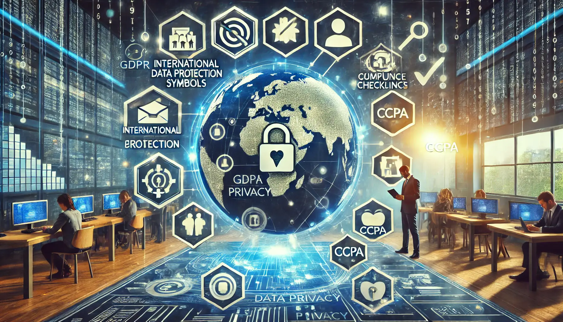 A representation of compliance elements like international data protection symbols and checklists.