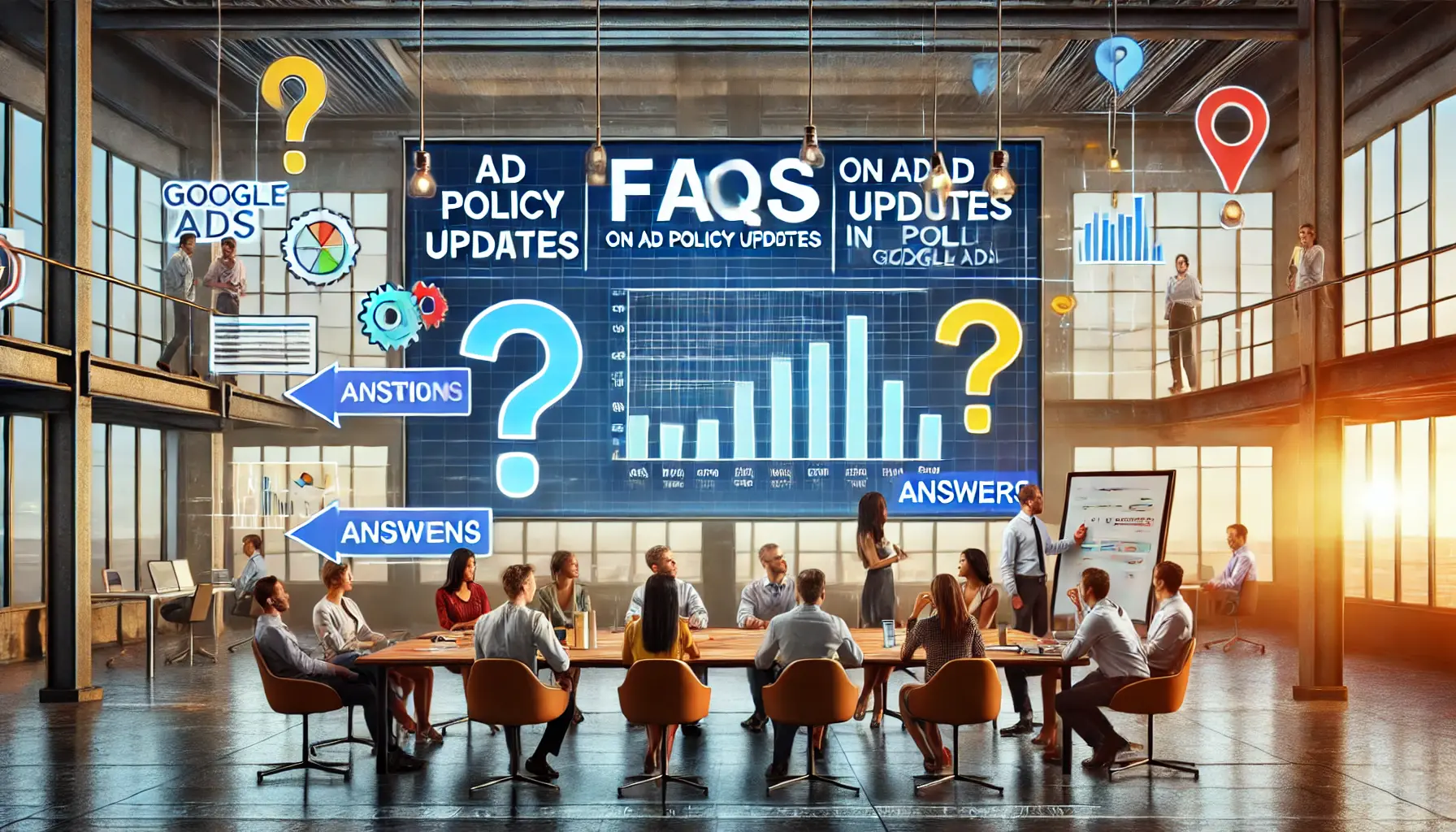 A representation of marketing professionals discussing ad policy updates around a digital screen.