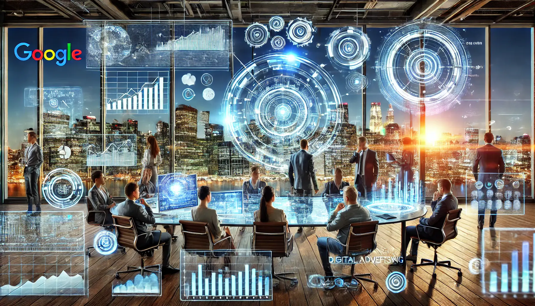 A representation of a futuristic office with professionals discussing Google Ads strategies.