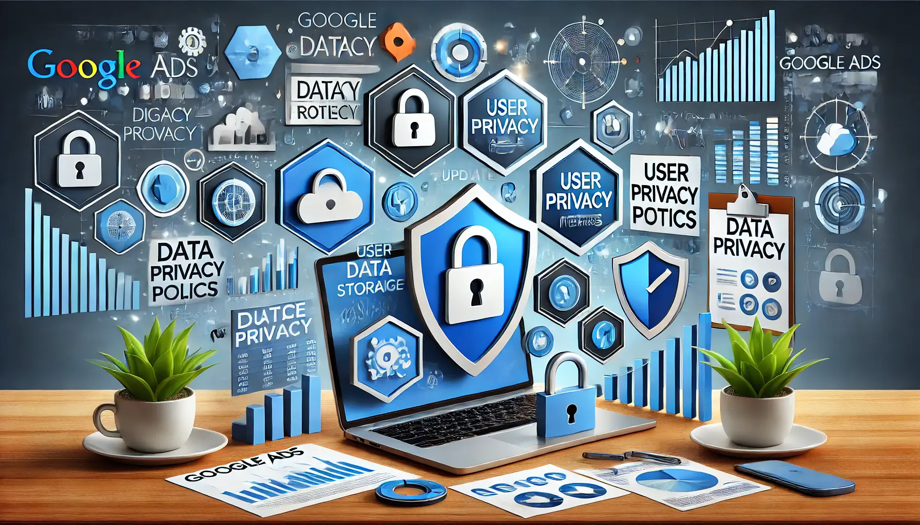 A representation of data protection elements such as locks and user privacy icons.