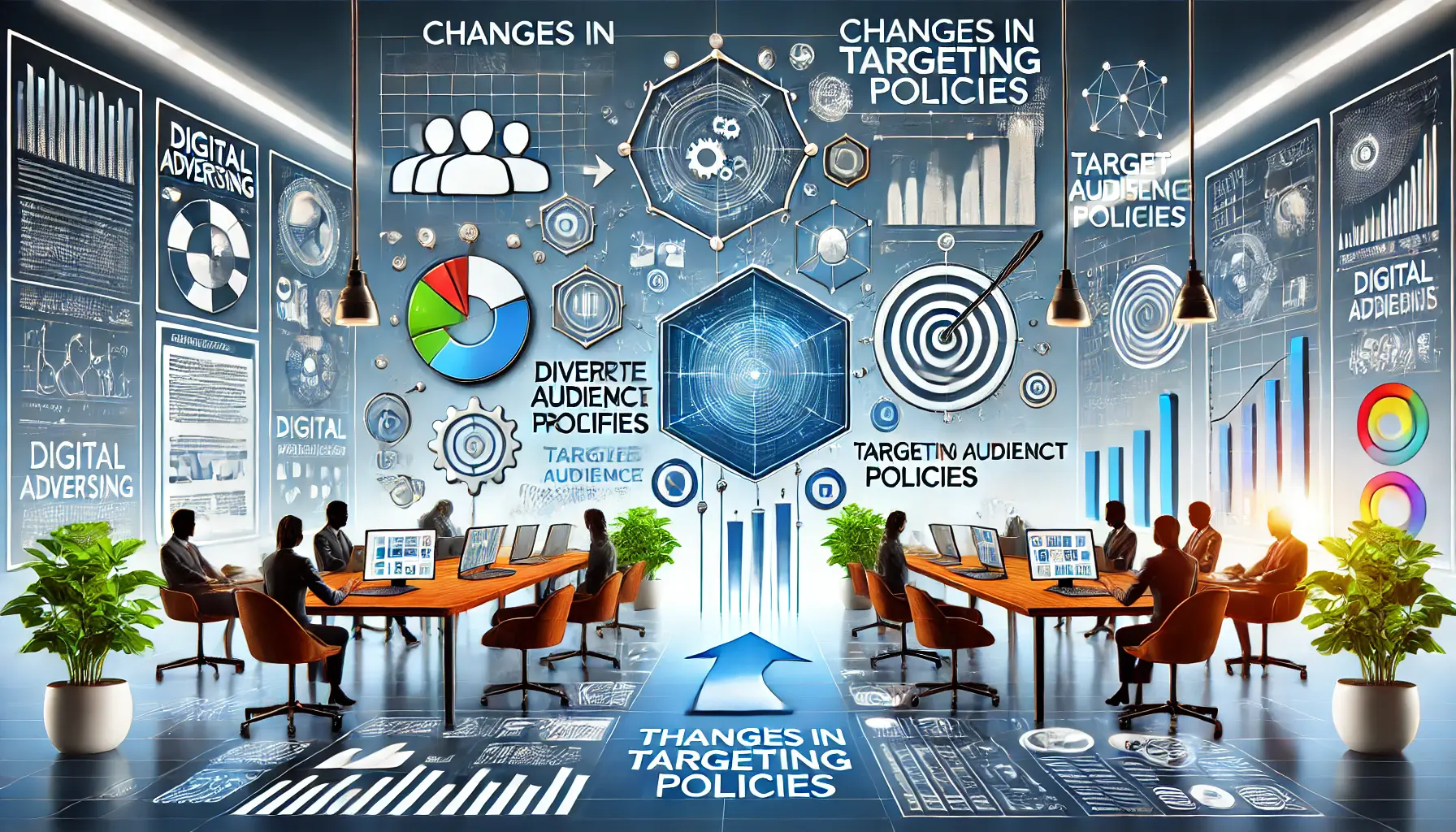 A scene depicting changes in targeting policies with audience profiles, analytics tools, and digital devices.