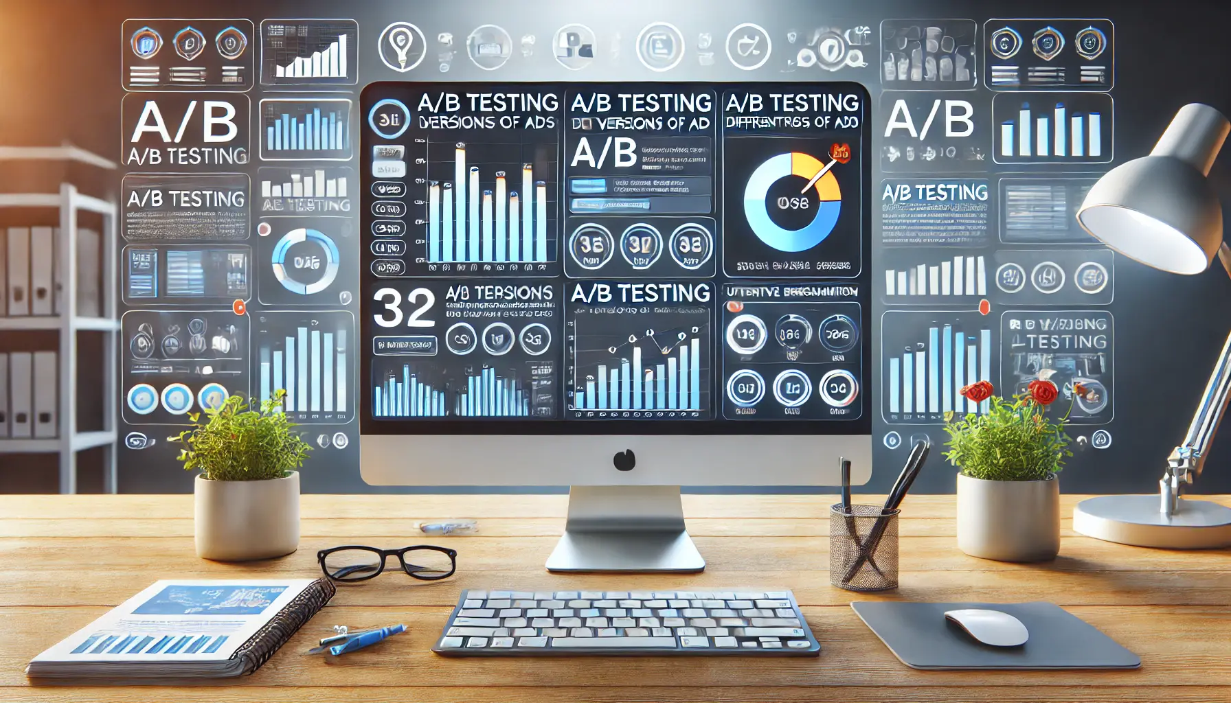 Workspace with a computer displaying an A/B testing dashboard showing two versions of an ad with performance metrics, surrounded by icons for testing and comparison.