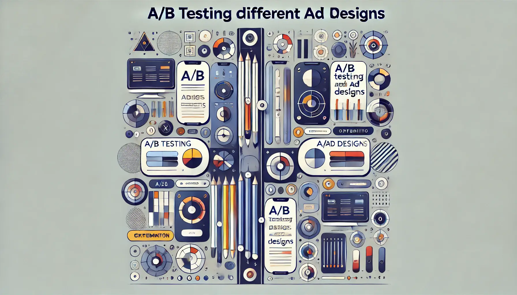 An image representing A/B testing of ad designs, featuring visual elements like split screens and variations in design for comparison.