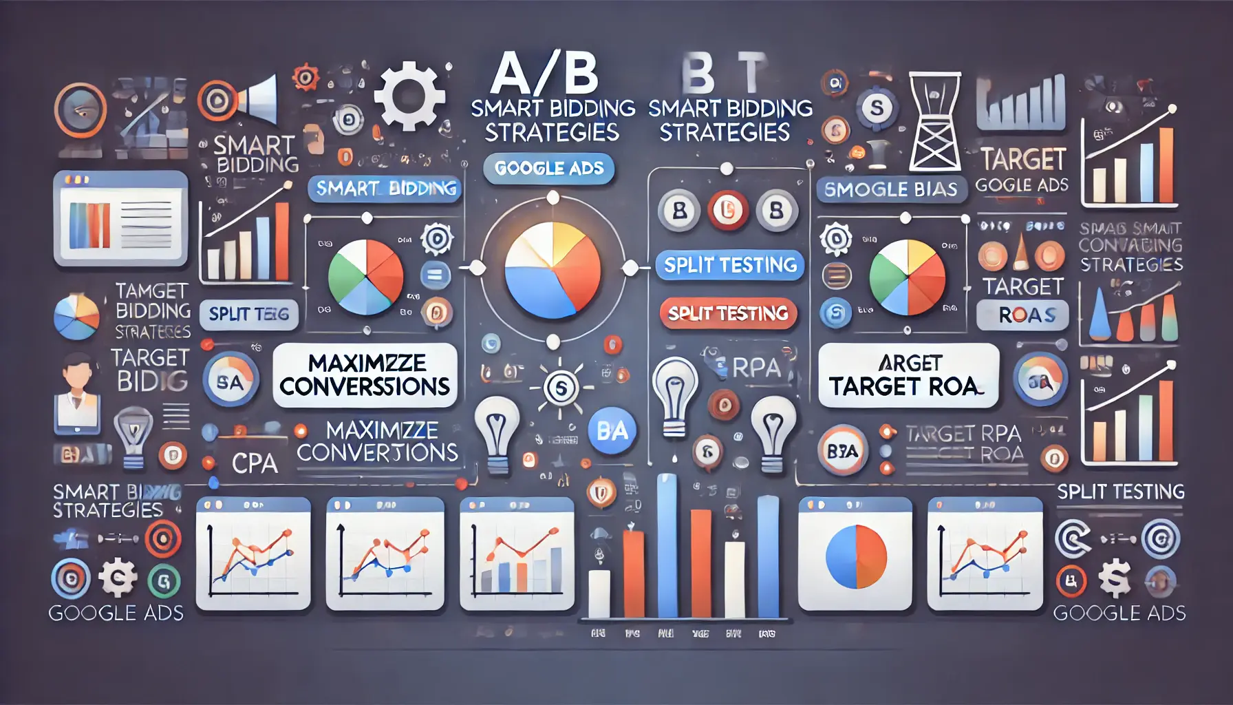 Illustration of A/B testing in Google Ads, comparing different Smart Bidding strategies with performance metrics and data signals.